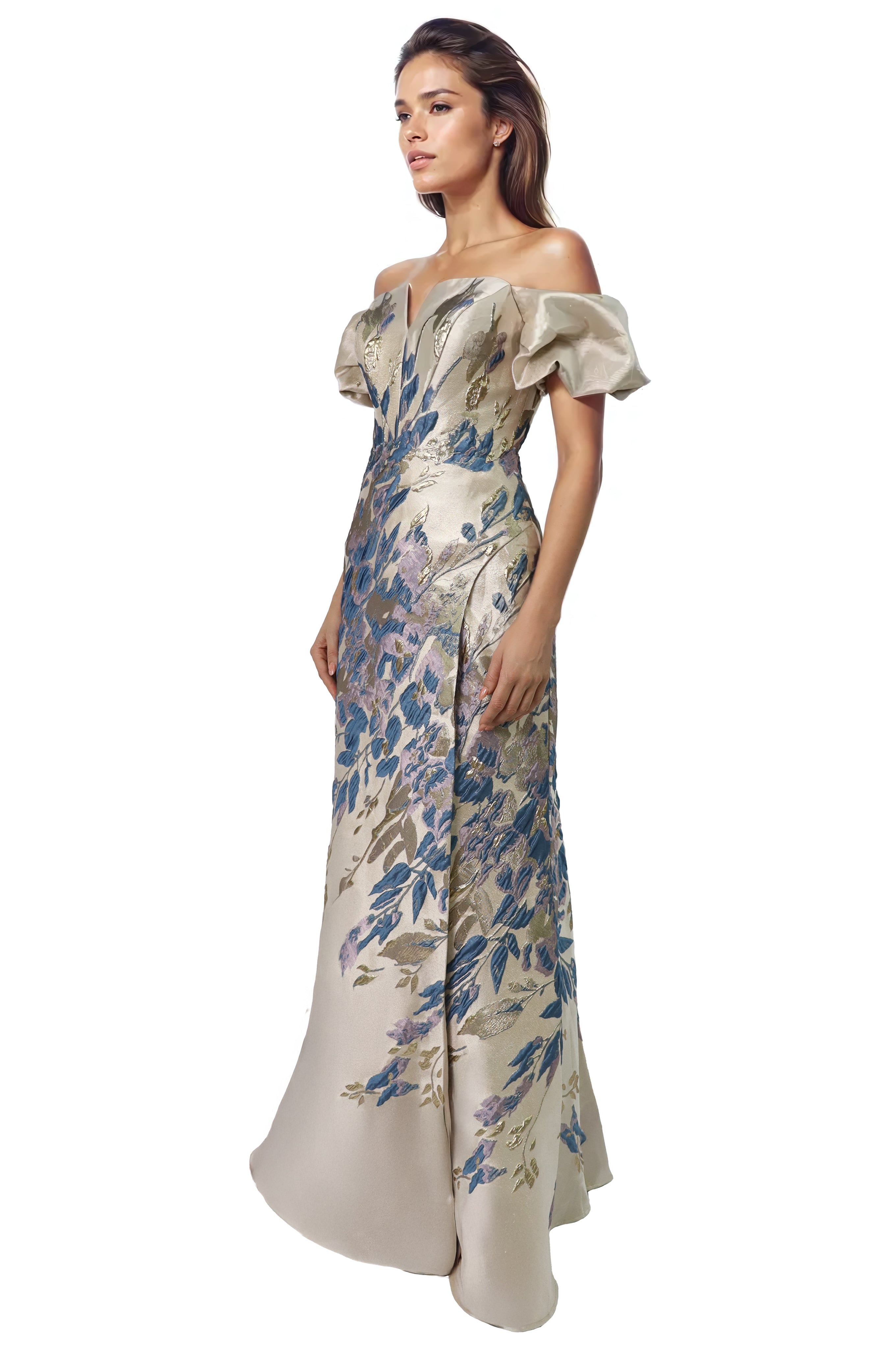 Off The Shoulder Puff Sleeve Fit And Flare Gown Gown Rene Ruiz Collection