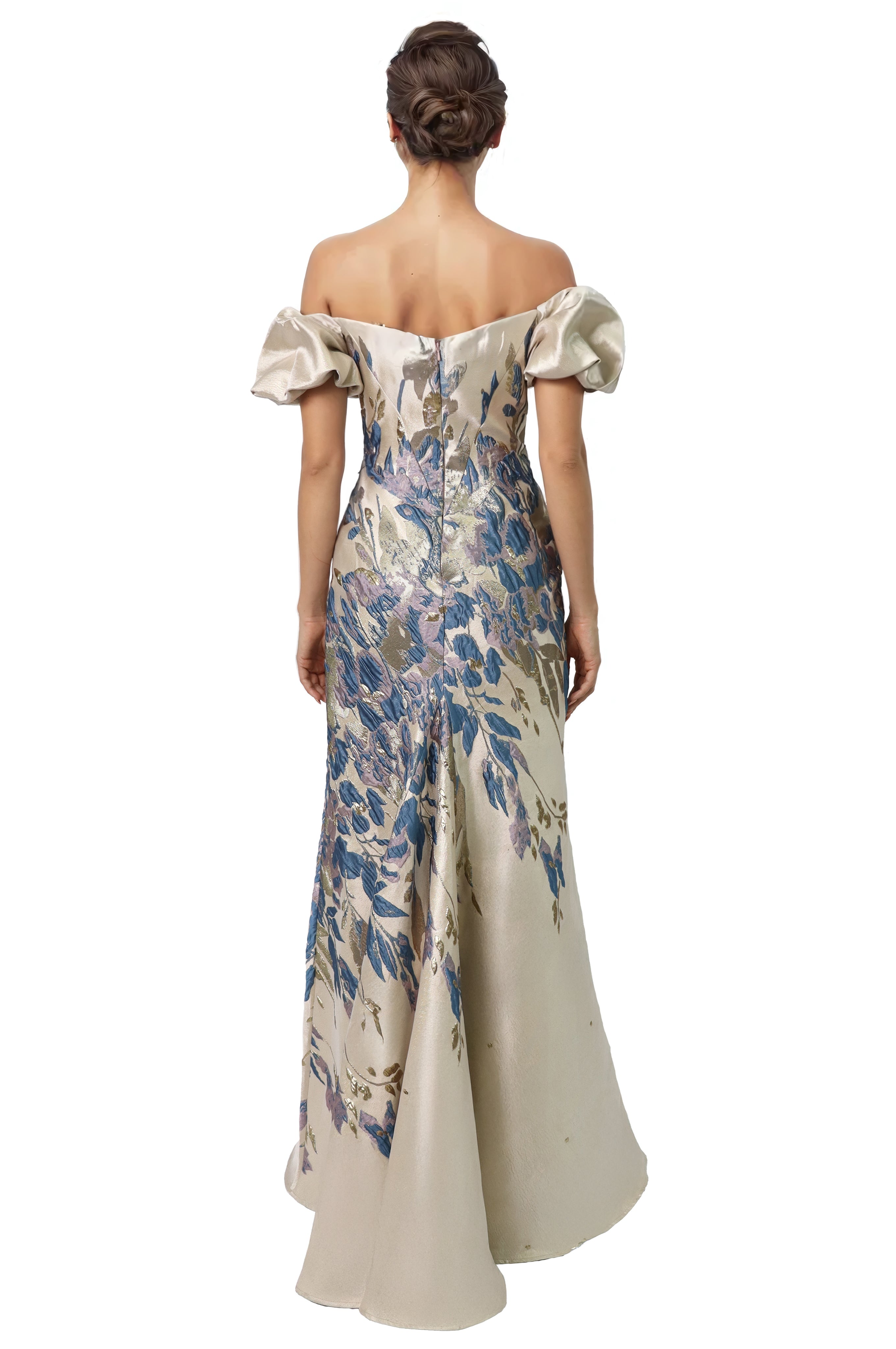Off The Shoulder Puff Sleeve Fit And Flare Gown Gown Rene Ruiz Collection