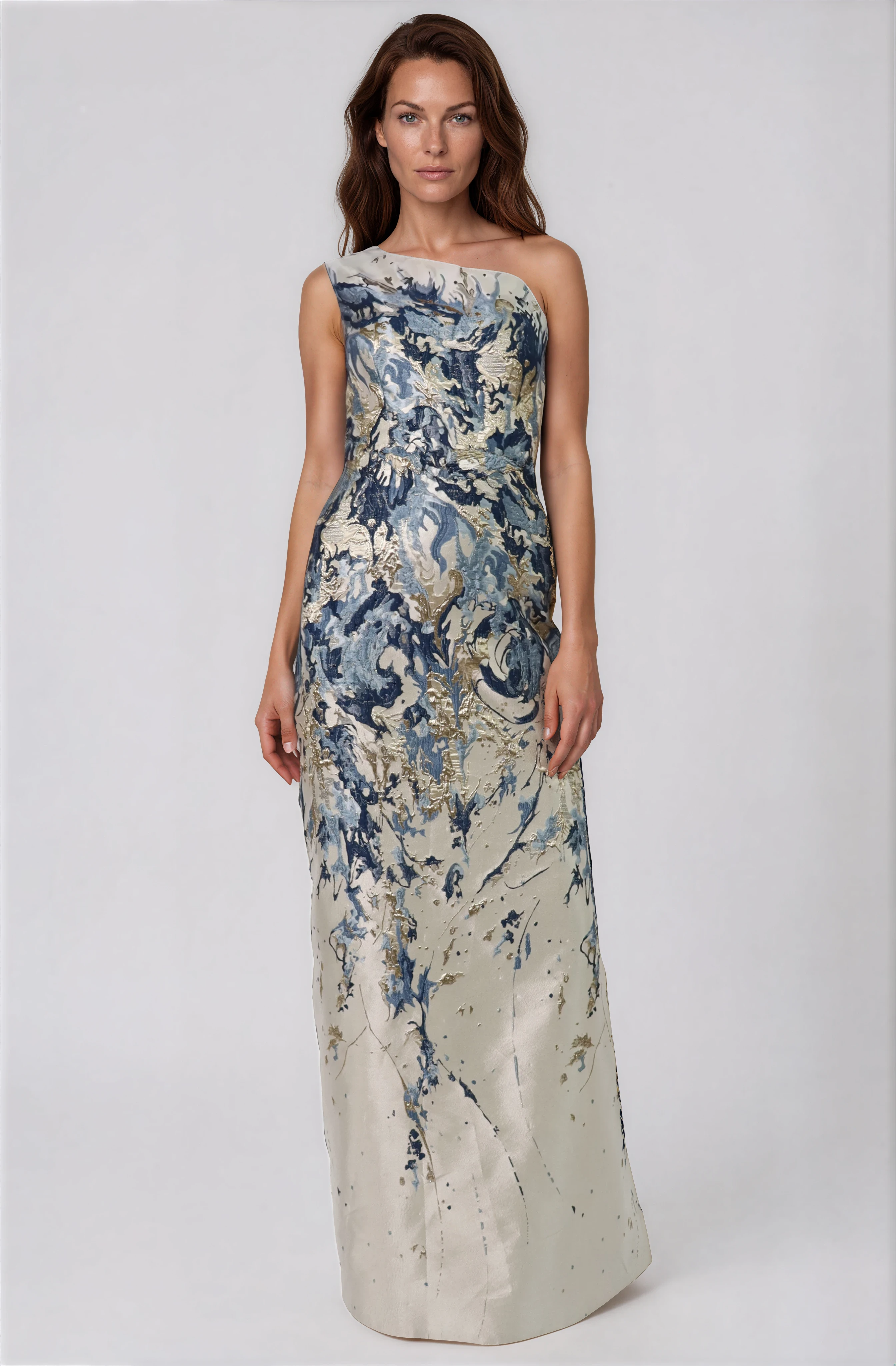 One Shoulder Brocade Column Gown Gown Rene Ruiz Collection