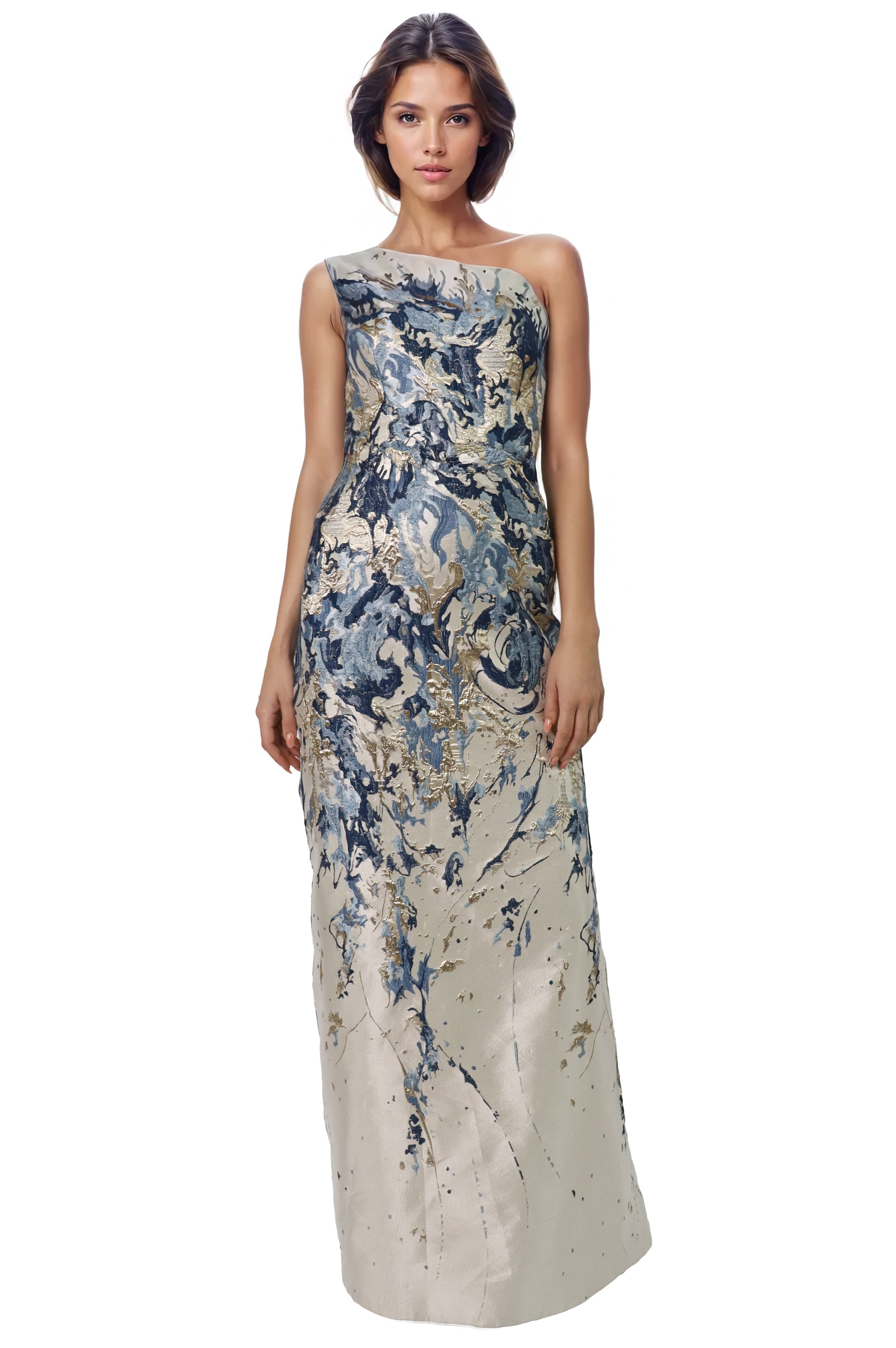 One Shoulder Brocade Column Gown Gown Rene Ruiz Collection
