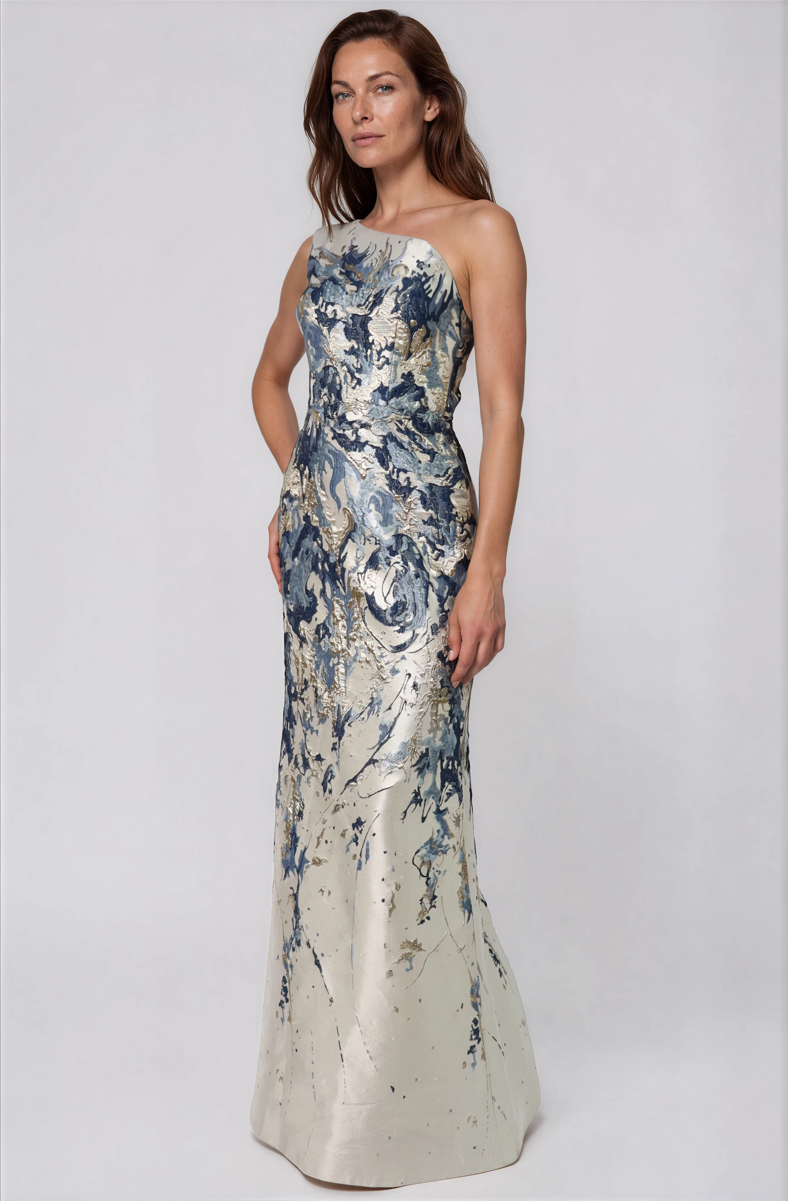 One Shoulder Brocade Column Gown Gown Rene Ruiz Collection