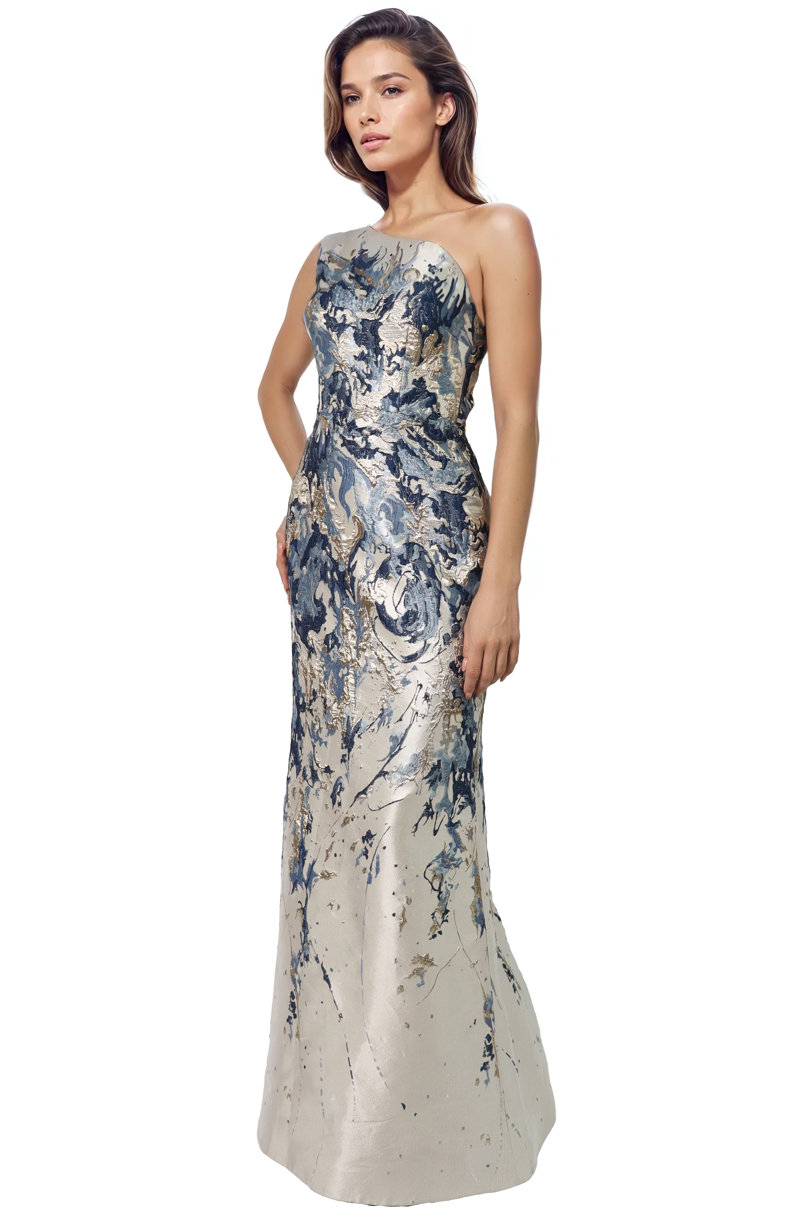 One Shoulder Brocade Column Gown Gown Rene Ruiz Collection