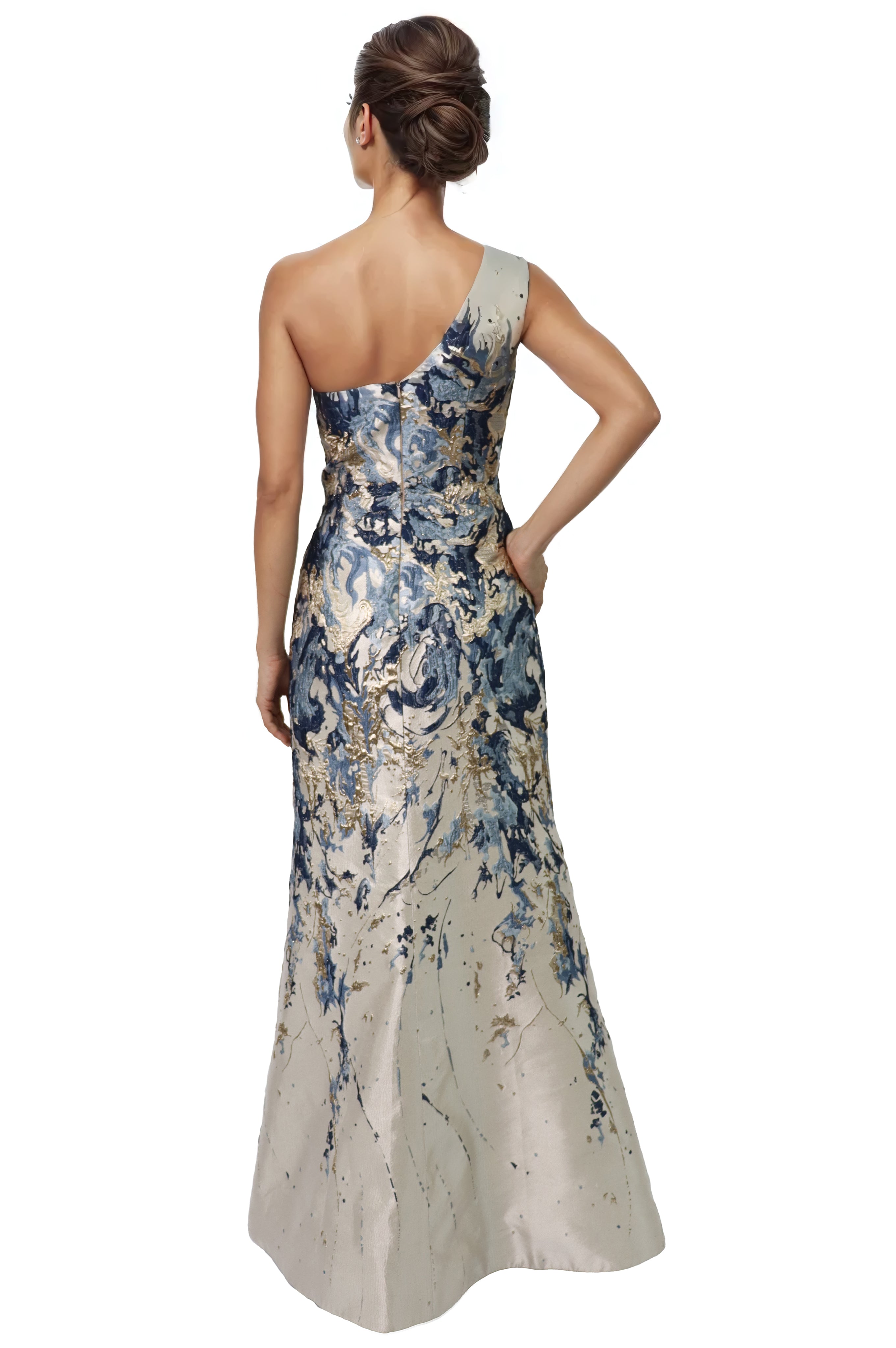 One Shoulder Brocade Column Gown Gown Rene Ruiz Collection