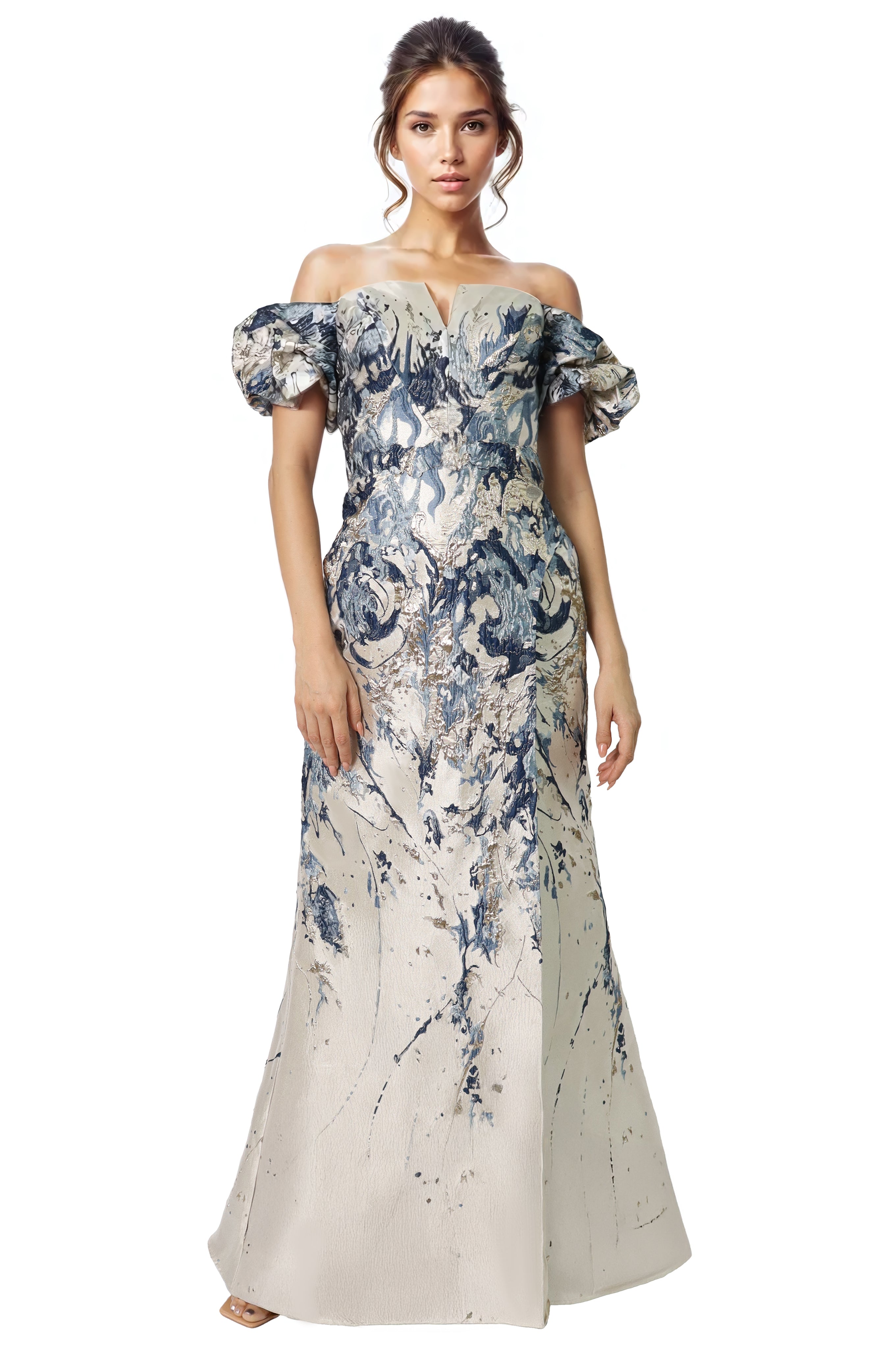 Off The Shoulder Puff Sleeve Fit And Flare Gown Gown Rene Ruiz Collection