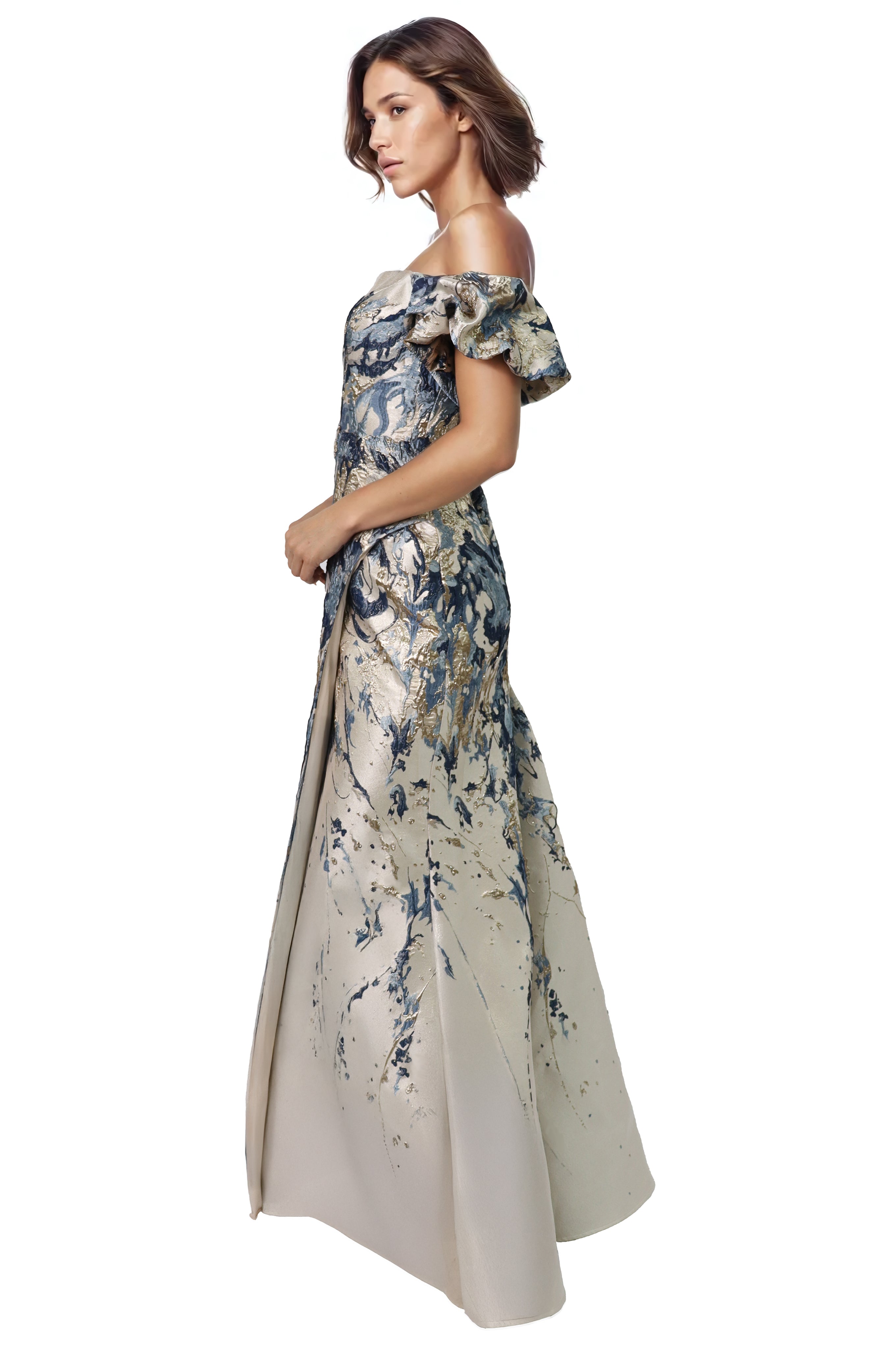 Off The Shoulder Puff Sleeve Fit And Flare Gown Gown Rene Ruiz Collection