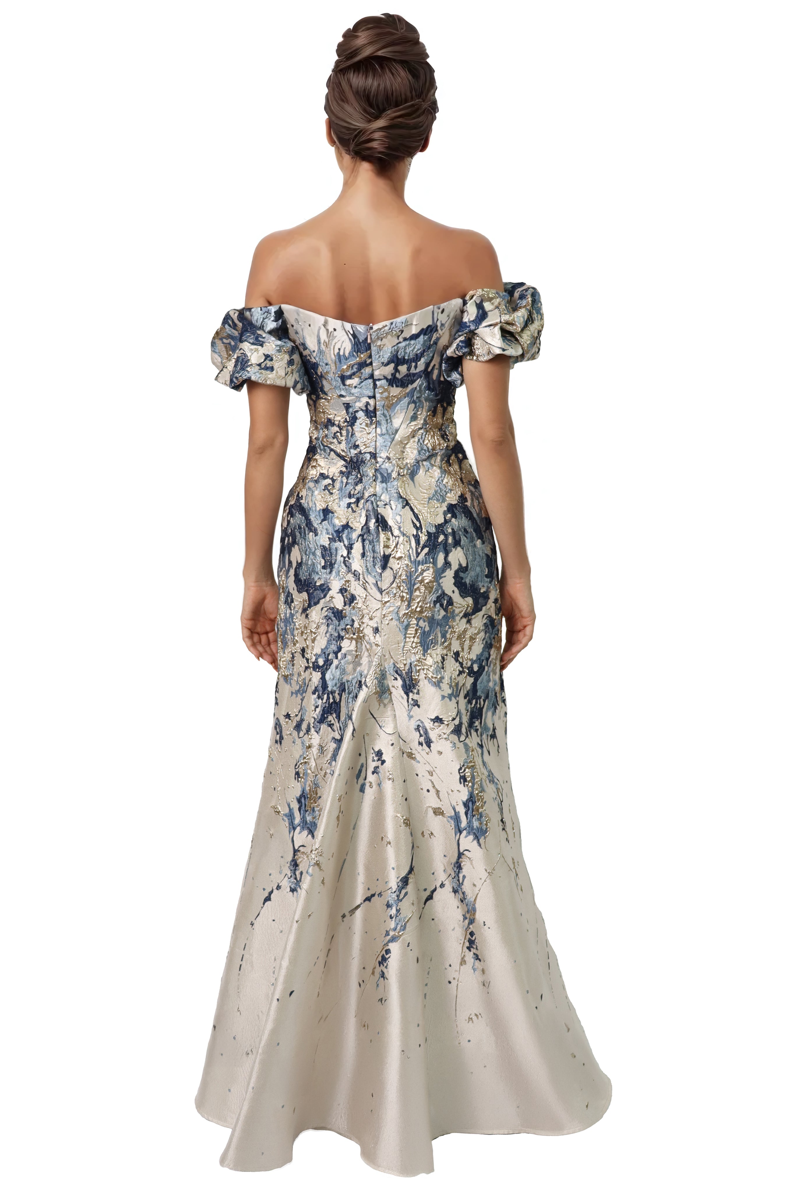 Off The Shoulder Puff Sleeve Fit And Flare Gown Gown Rene Ruiz Collection