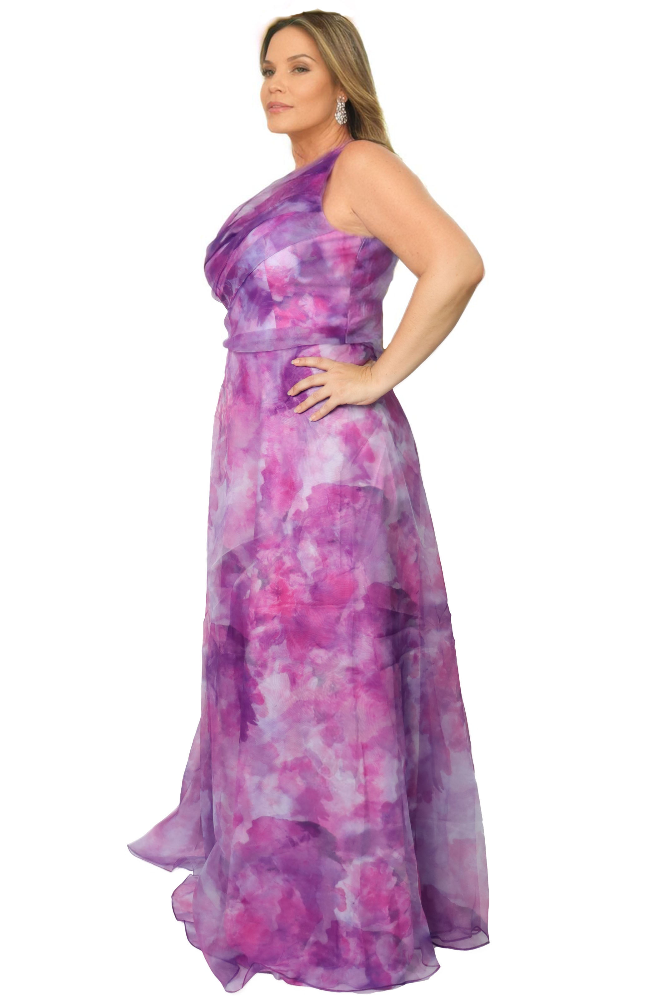 Asymmetrical Printed Organza A-Line Gown