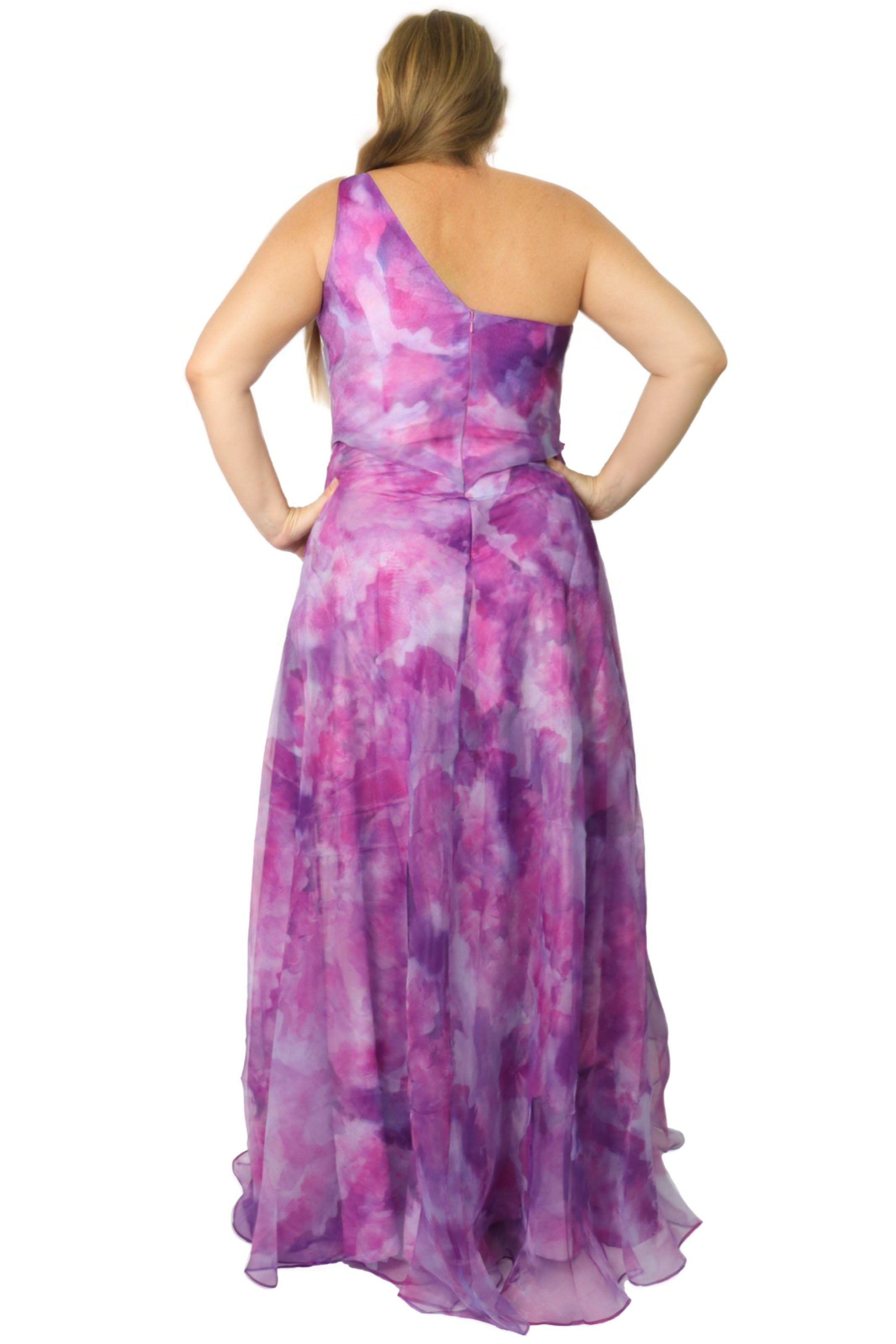 Asymmetrical Printed Organza A-Line Gown