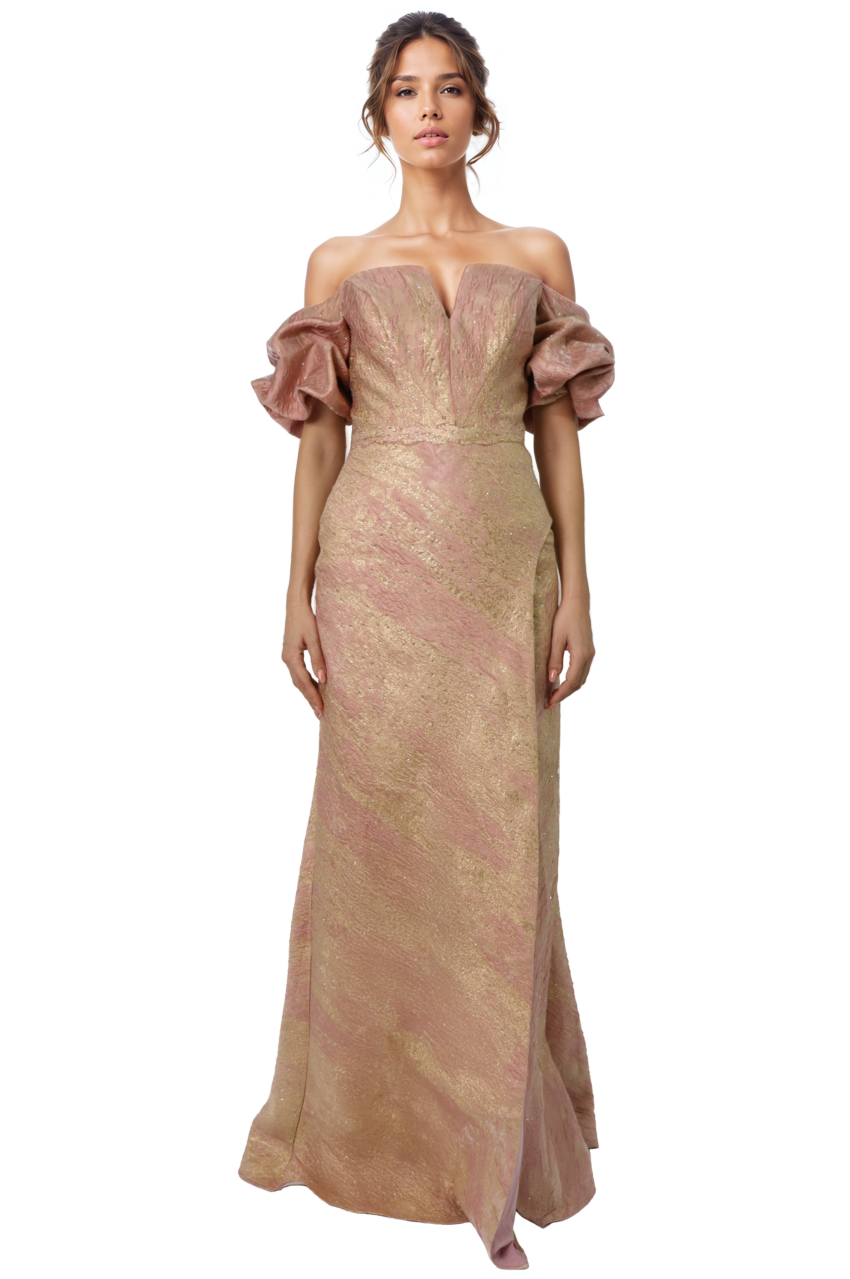 Off The Shoulder Puff Sleeve Fit And Flare Gown Gown Rene Ruiz Collection