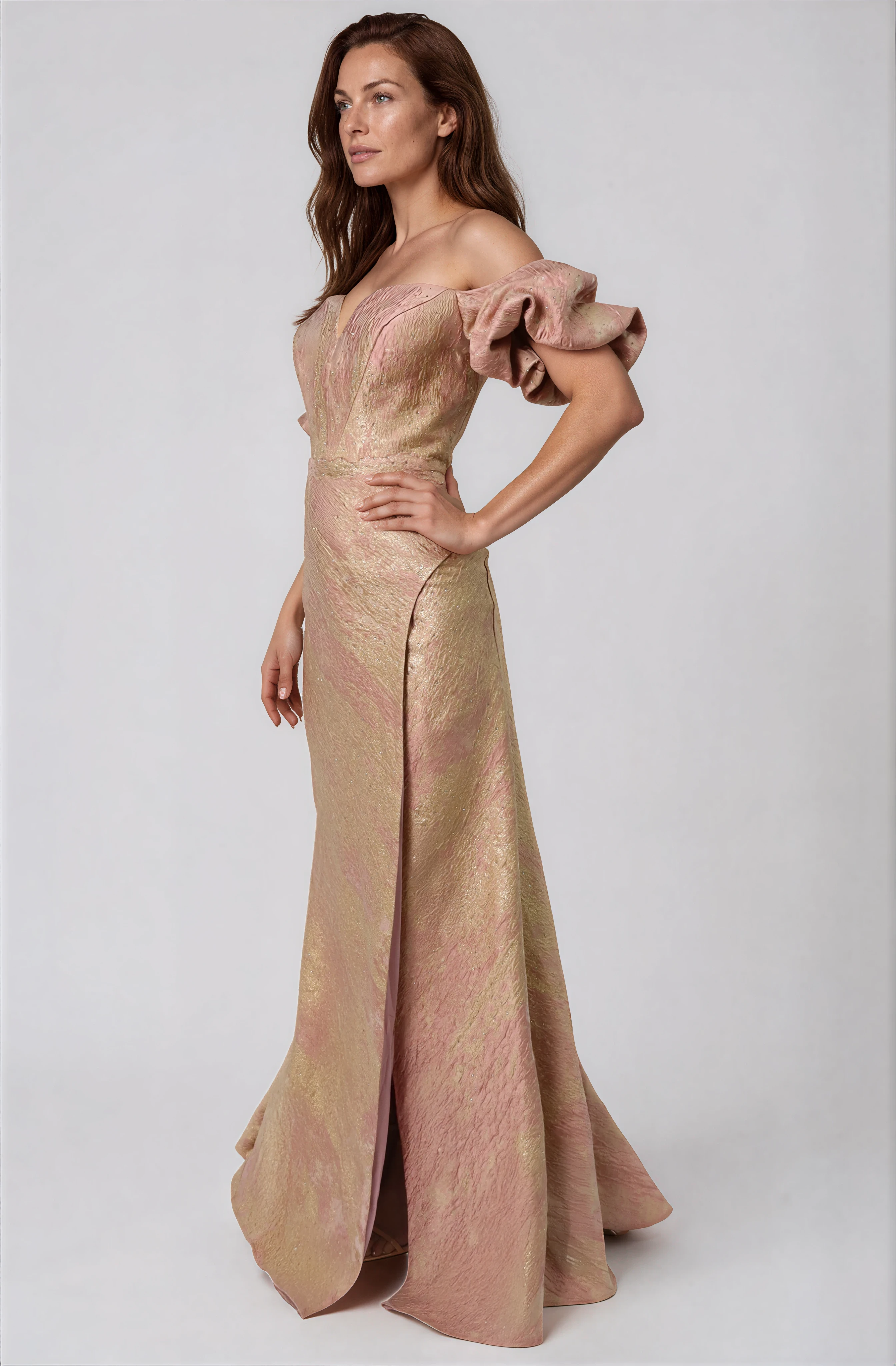Off The Shoulder Puff Sleeve Fit And Flare Gown Gown Rene Ruiz Collection