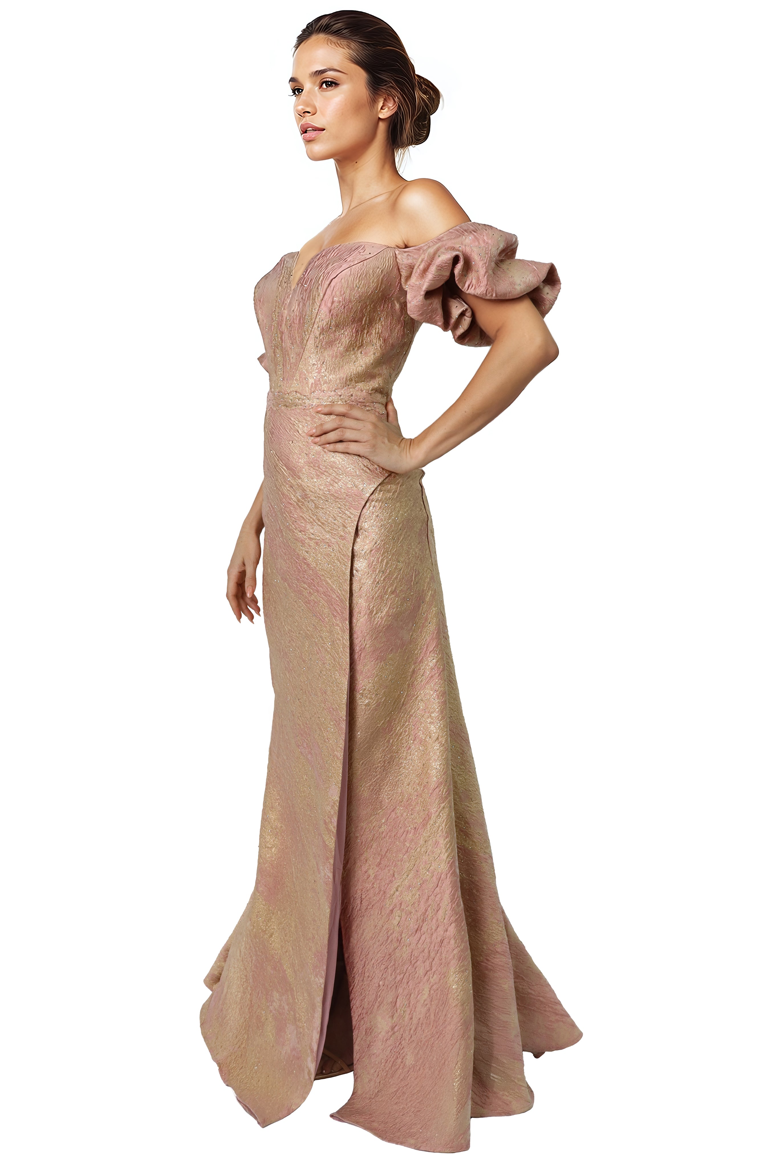 Off The Shoulder Puff Sleeve Fit And Flare Gown Gown Rene Ruiz Collection