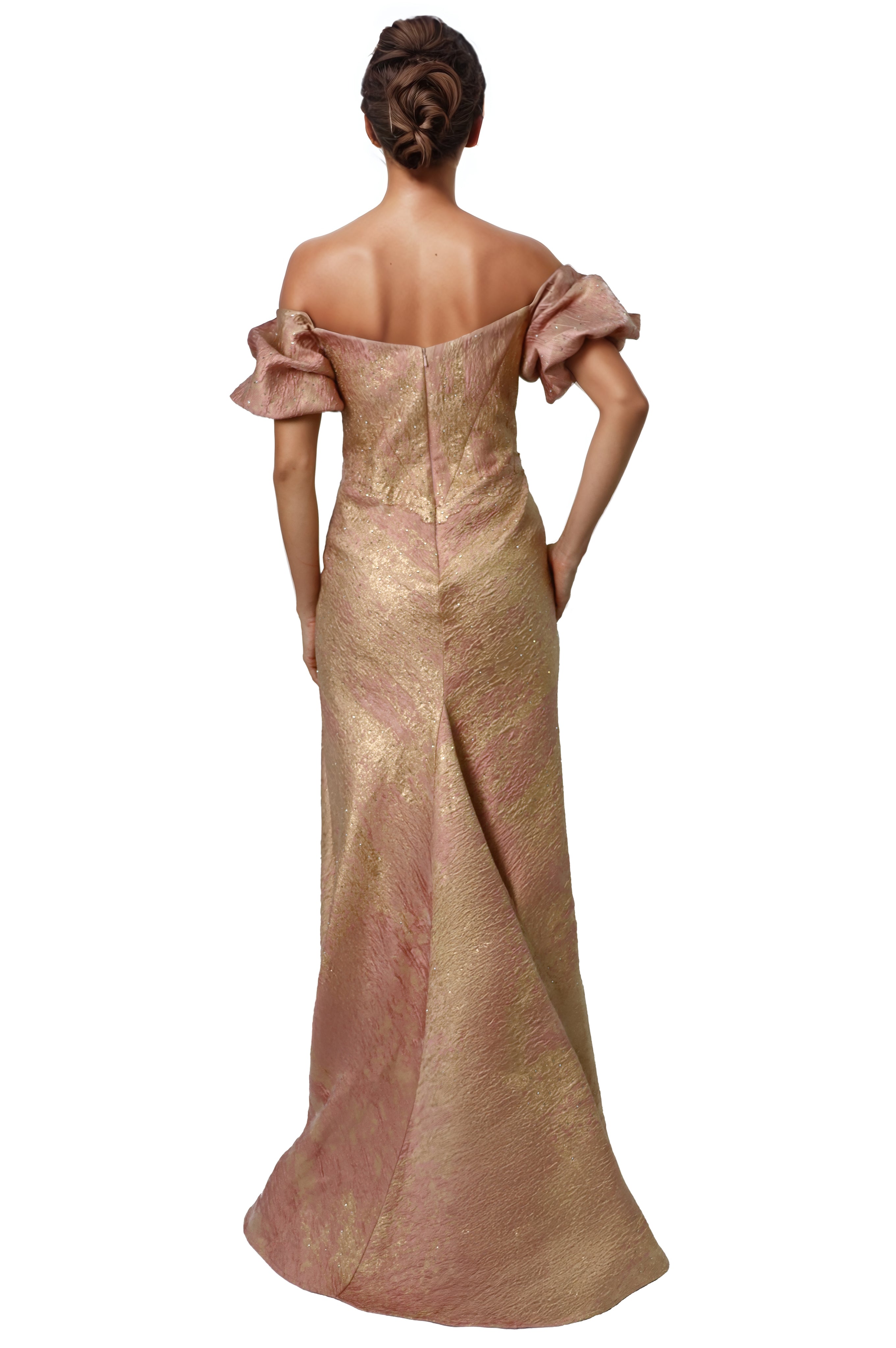 Off The Shoulder Puff Sleeve Fit And Flare Gown Gown Rene Ruiz Collection