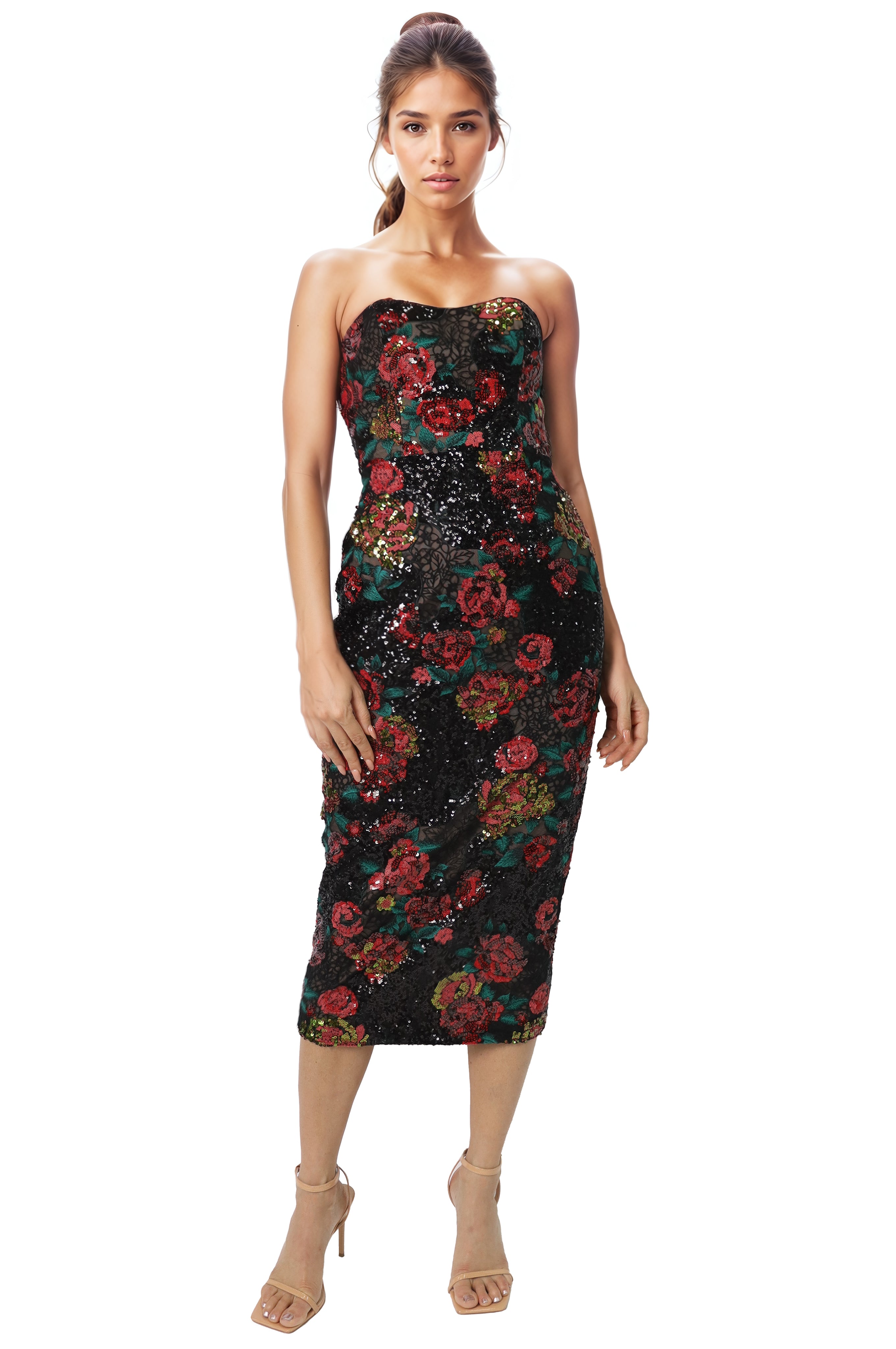 Strapless Floral Sequin Midi With High-Low Overskirt Cocktail Rene Ruiz Collection