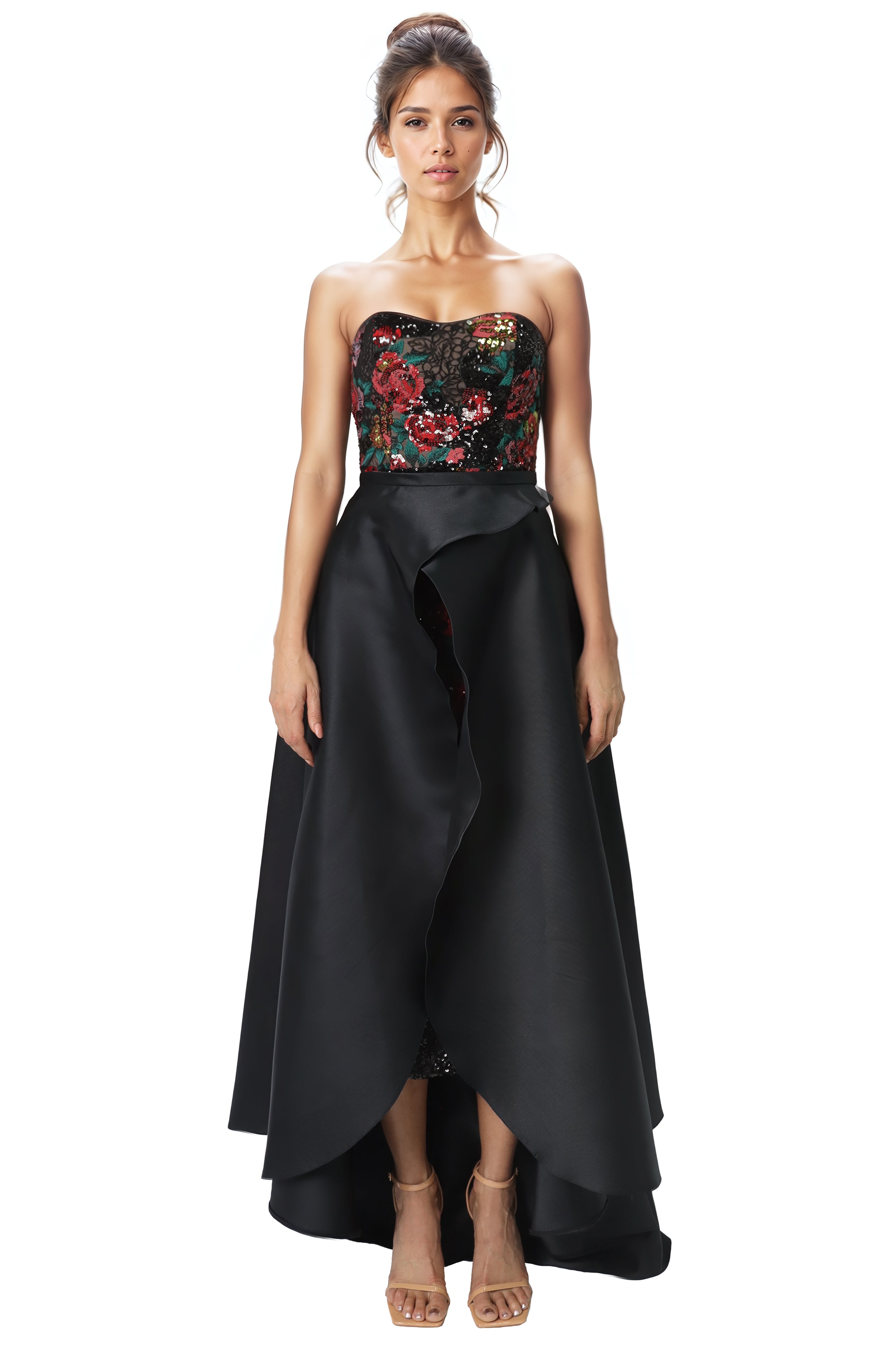 Strapless Floral Sequin Midi With High-Low Overskirt Cocktail Rene Ruiz Collection