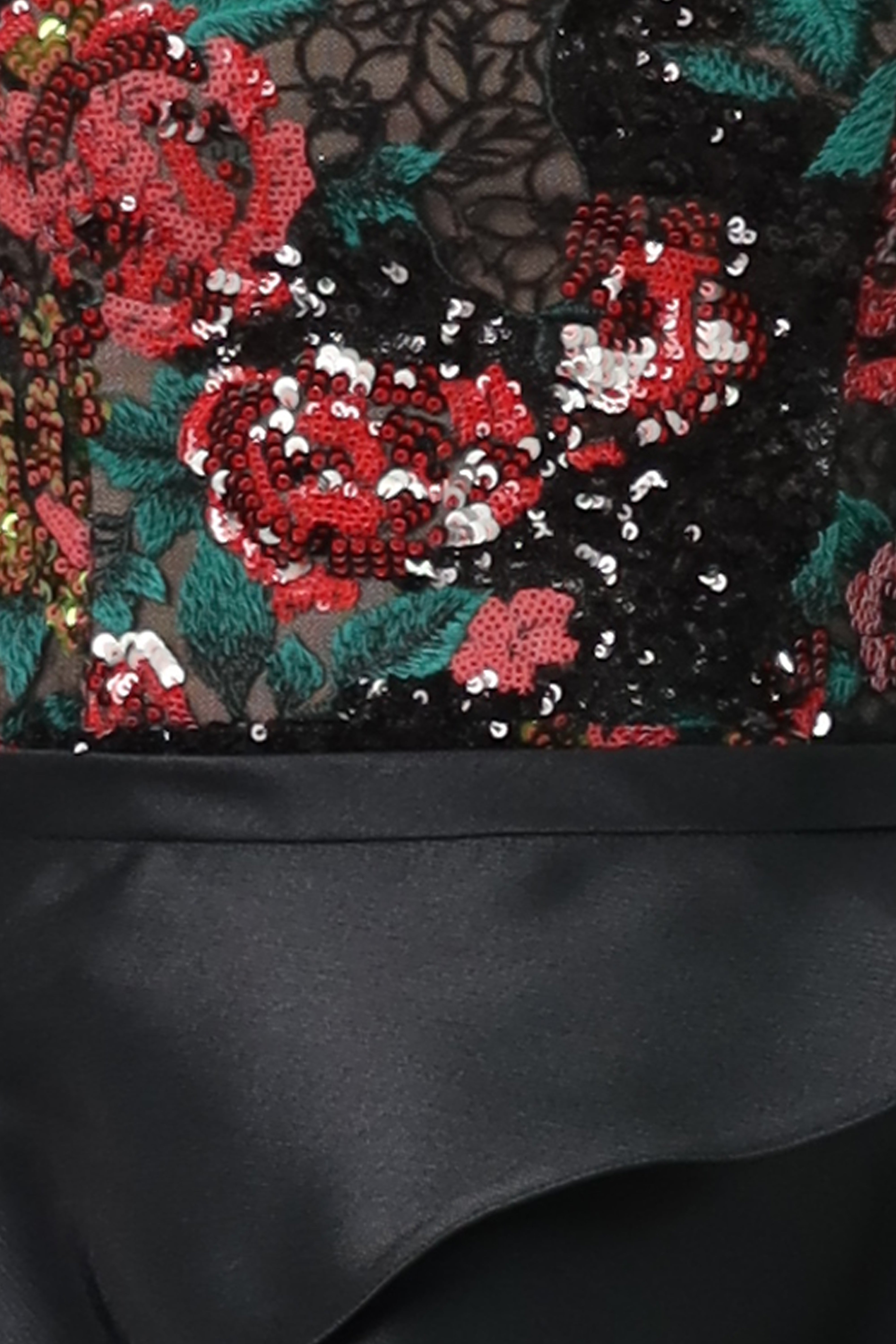 Strapless Floral Sequin Midi With High-Low Overskirt Cocktail Rene Ruiz Collection