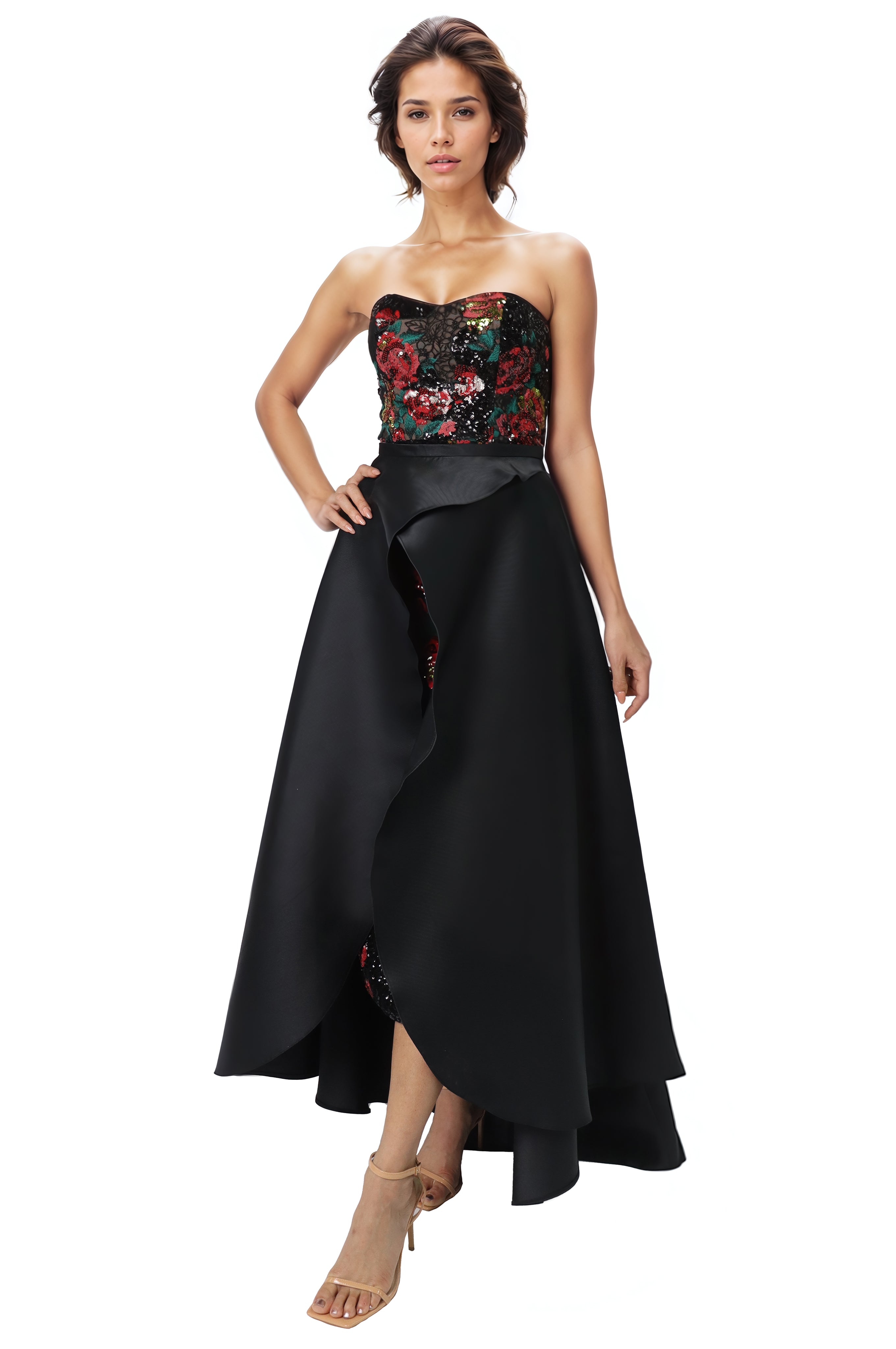 Strapless Floral Sequin Midi With High-Low Overskirt Cocktail Rene Ruiz Collection