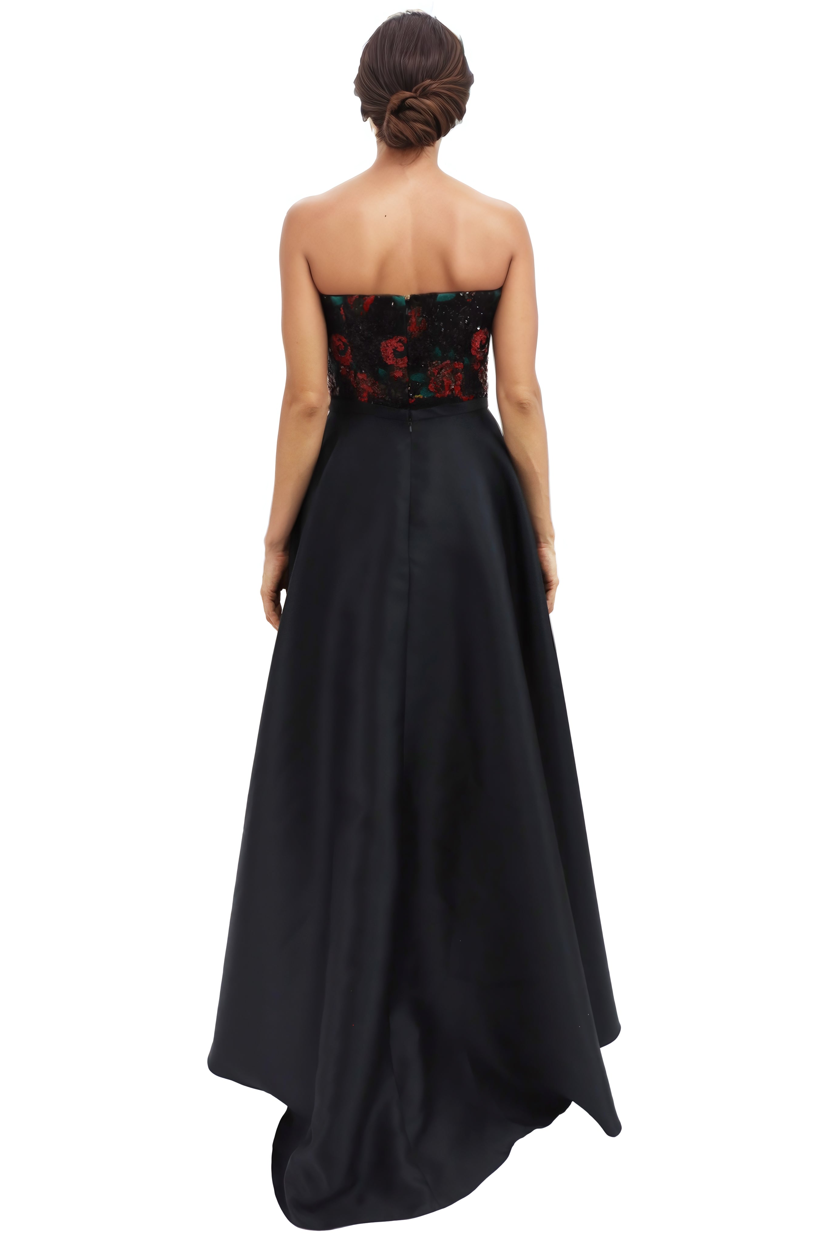 Strapless Floral Sequin Midi With High-Low Overskirt Cocktail Rene Ruiz Collection