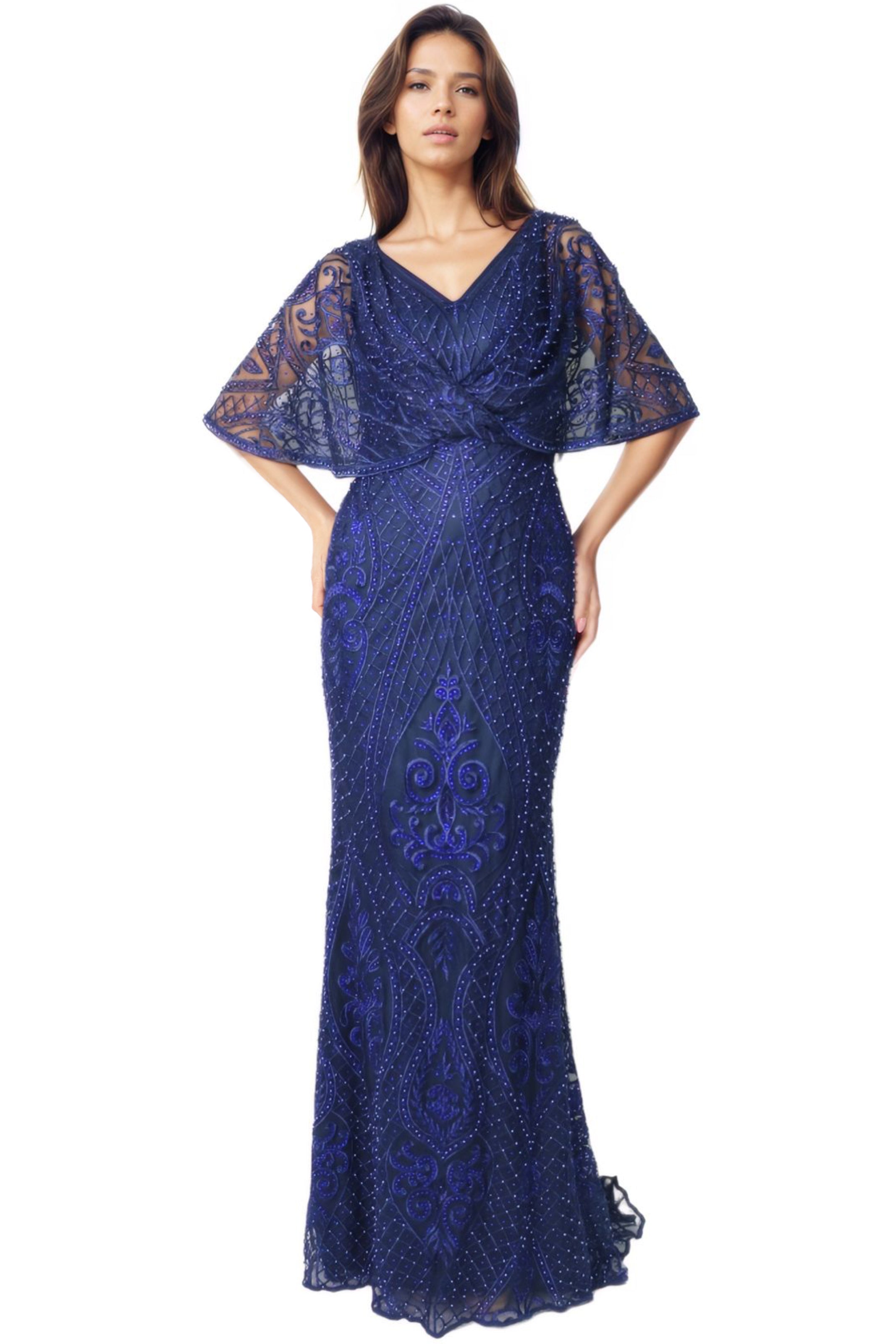 V Neck Embroidery Cape Gown Gown Rene Ruiz Collection