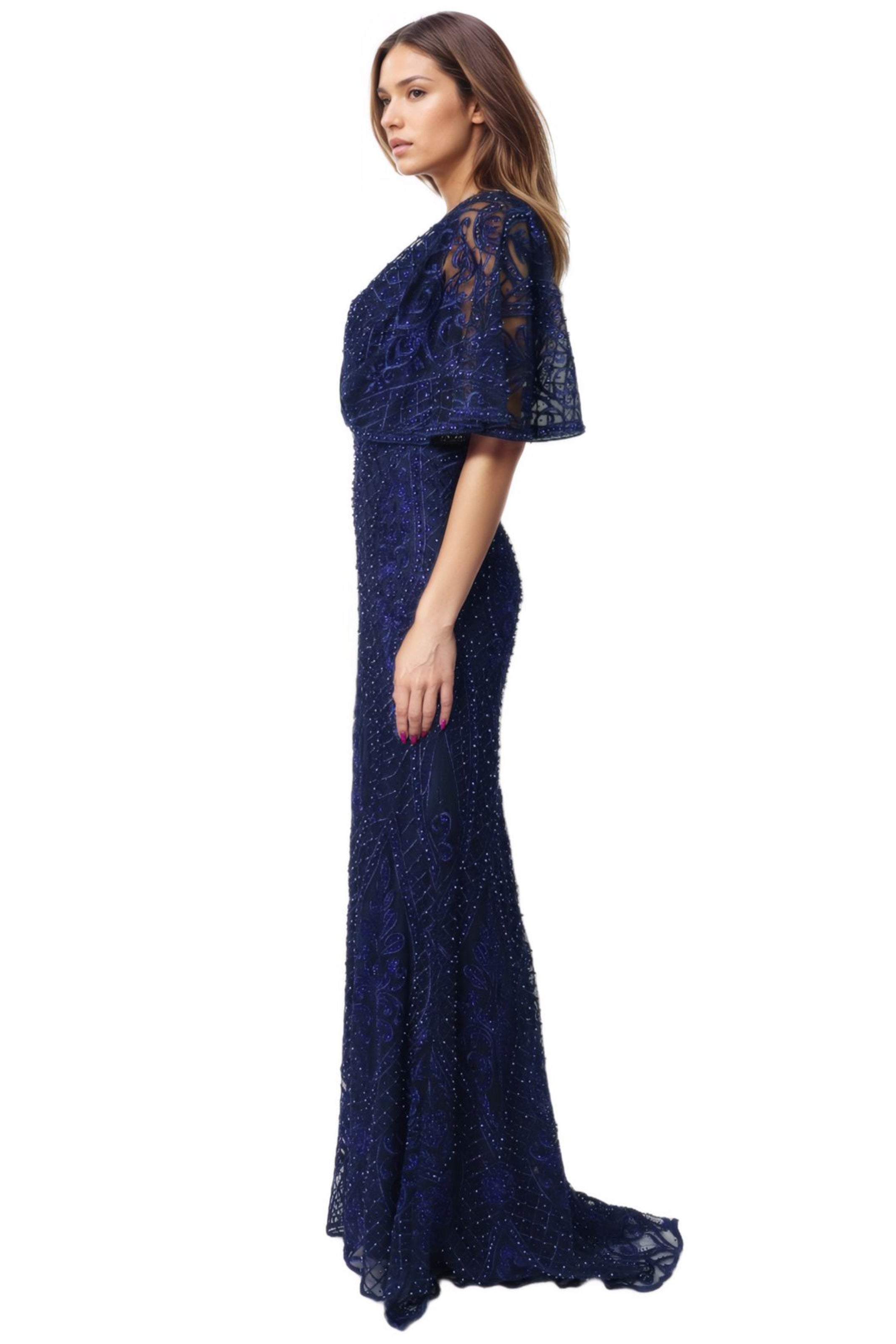 V Neck Embroidery Cape Gown Gown Rene Ruiz Collection