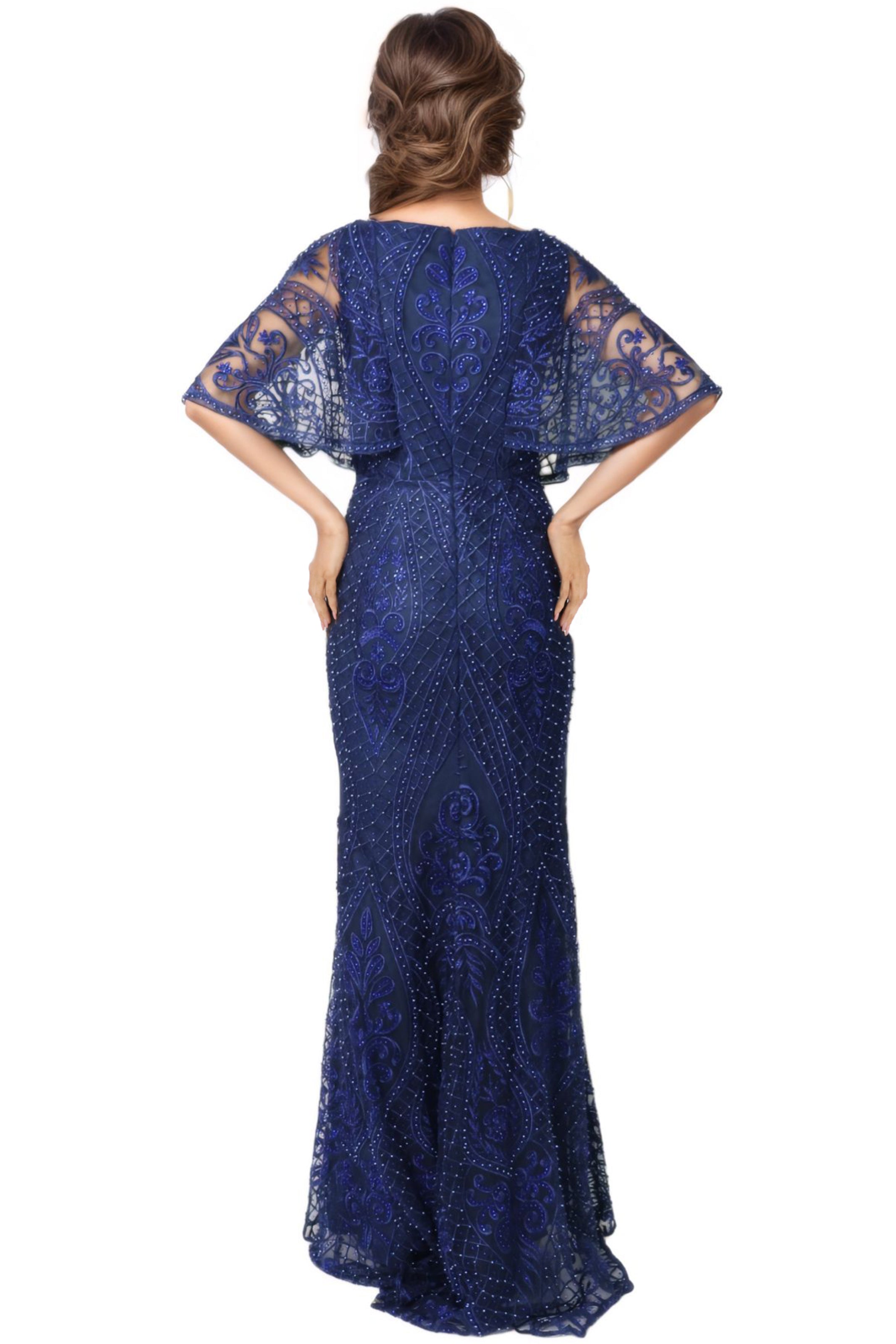 V Neck Embroidery Cape Gown Gown Rene Ruiz Collection