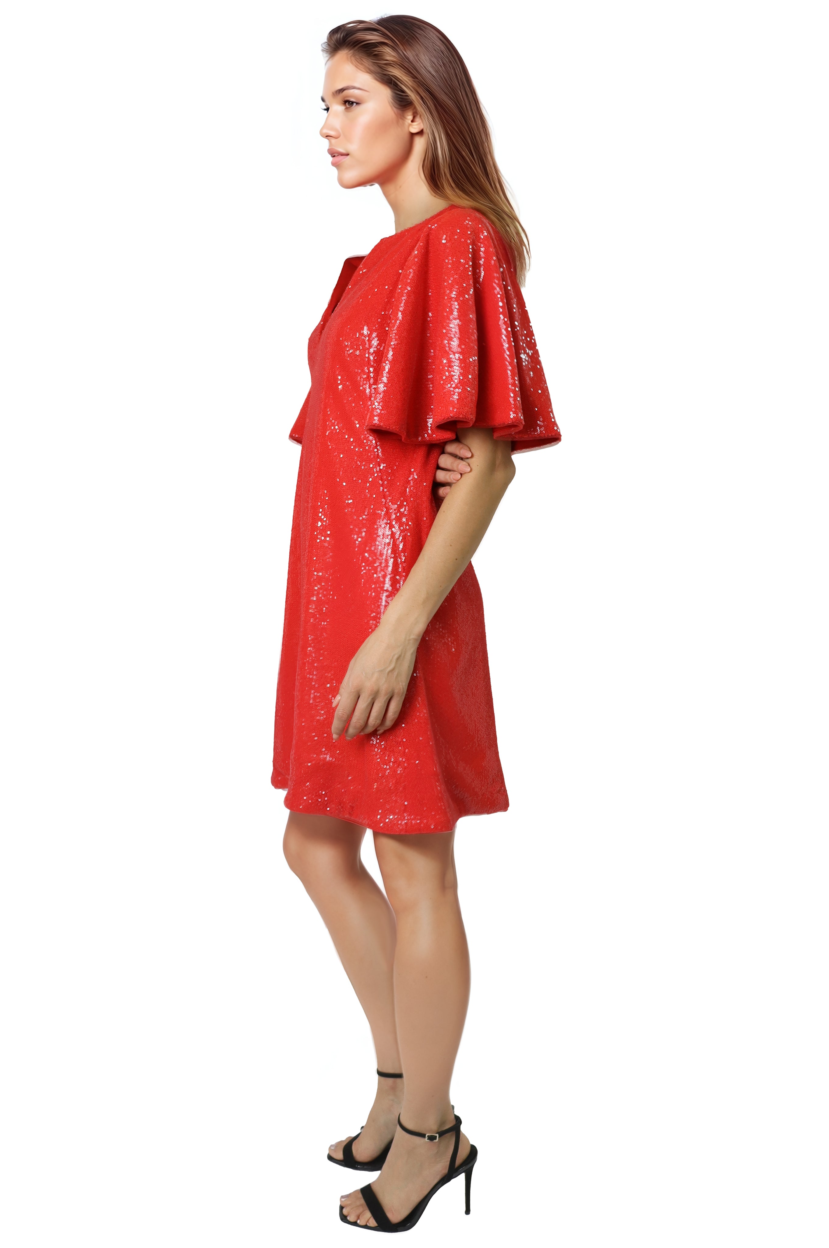 V Neck Flare Sleeve Sequin A-Line Cocktail Cocktail Rene Ruiz Collection
