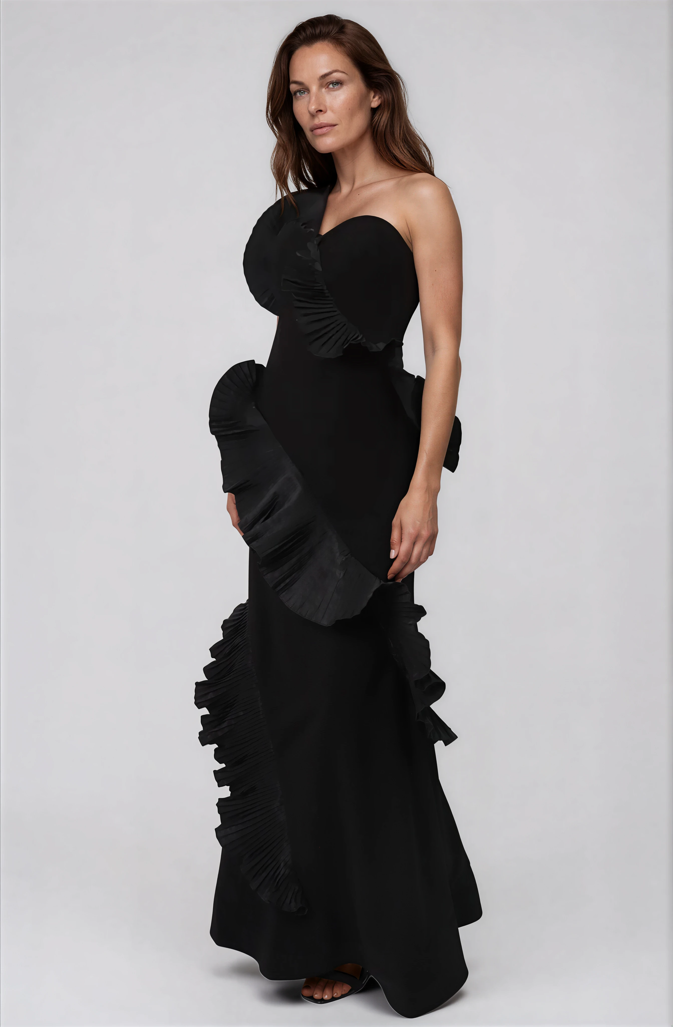 Strapless Taffeta Ruffles Fit And Flare Gown Gown Rene Ruiz Collection