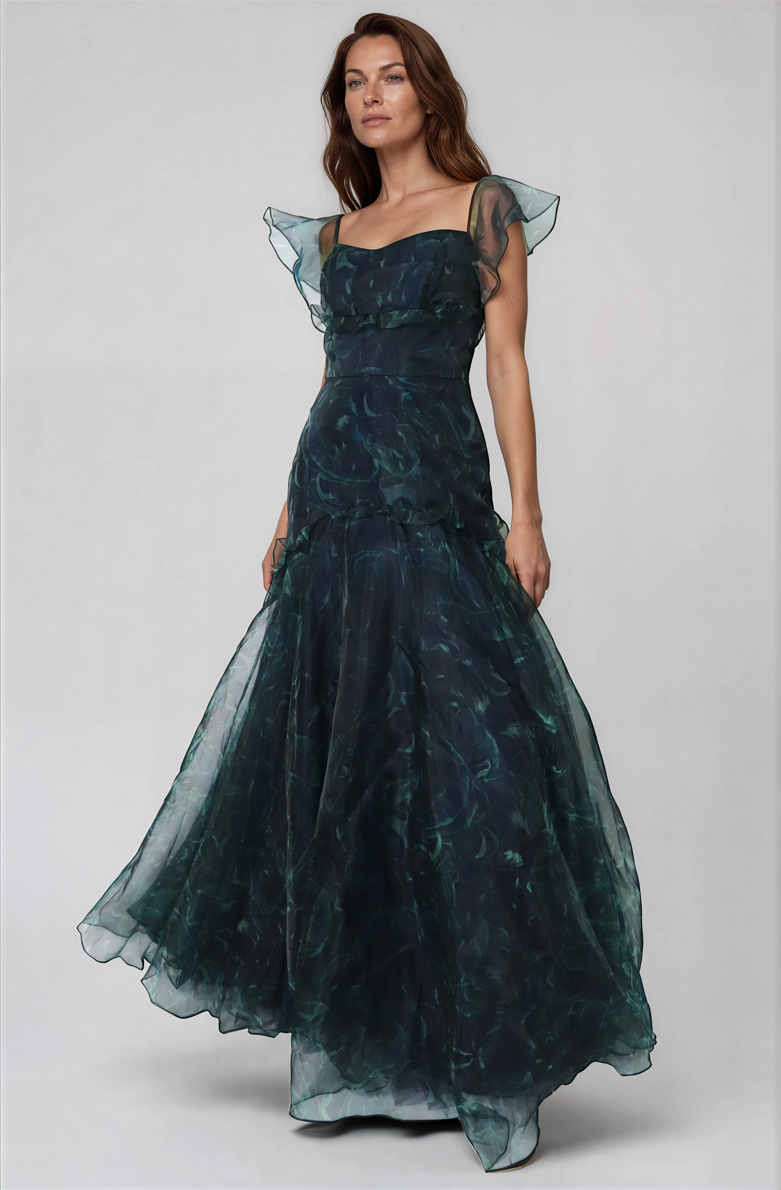 Flutter Sleeves Organza A-Line Gown Gown Rene Ruiz Collection
