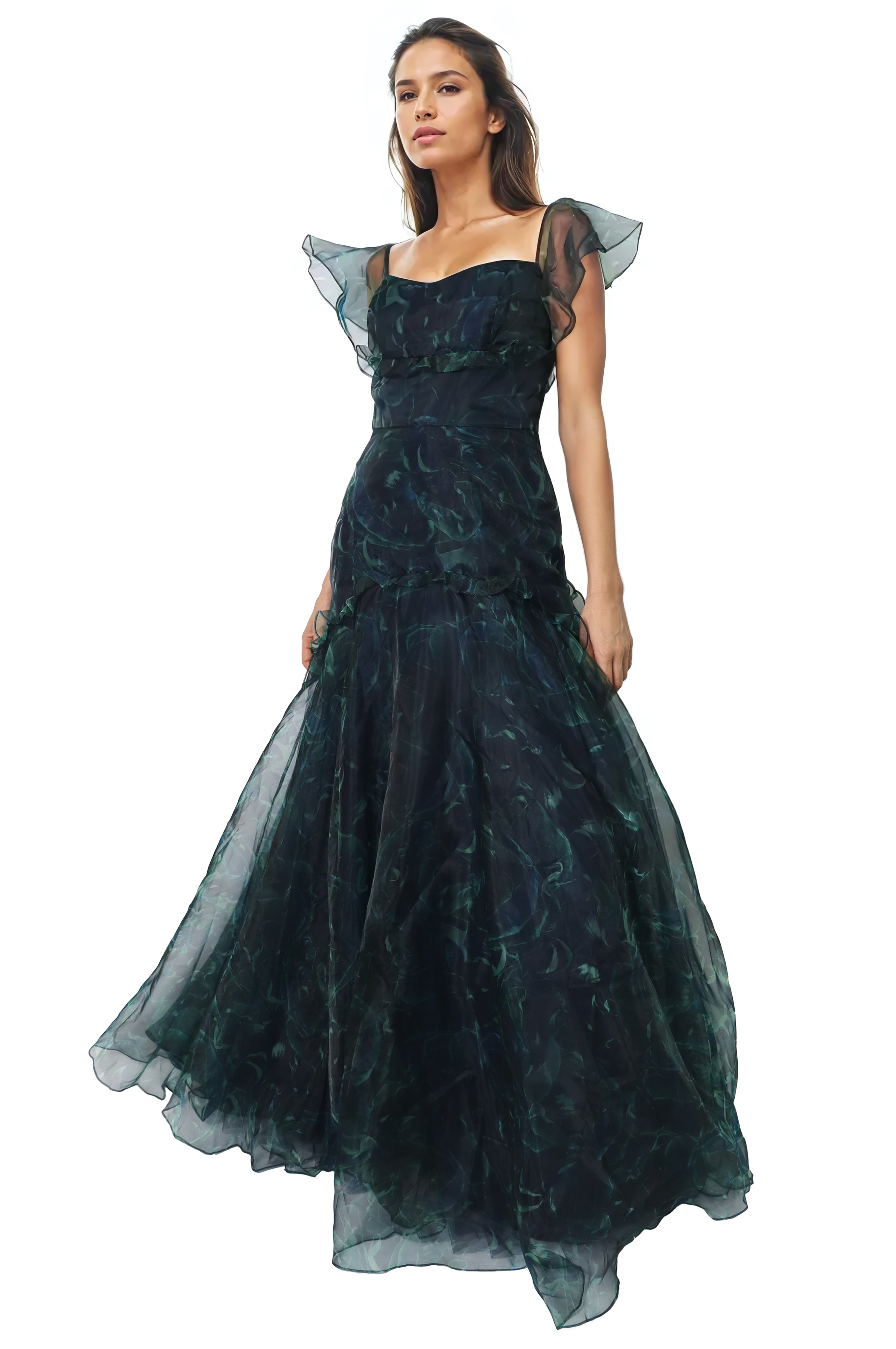 Flutter Sleeves Organza A-Line Gown Gown Rene Ruiz Collection