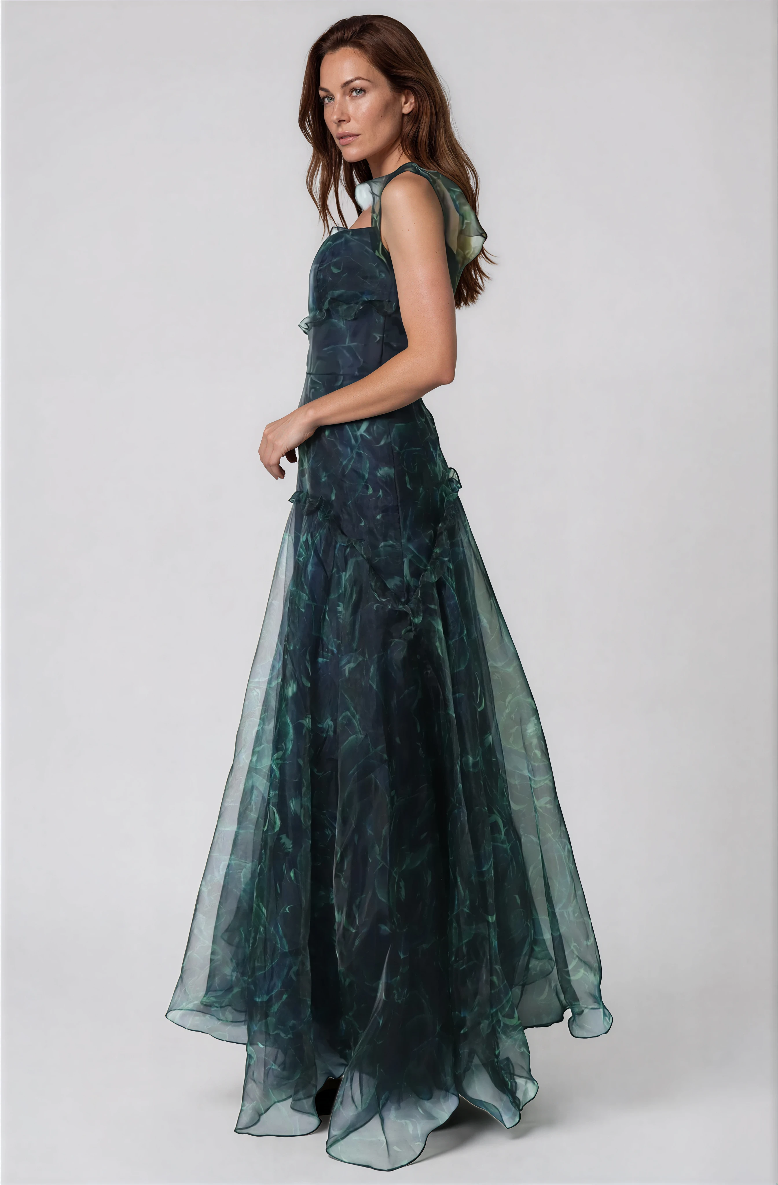 Flutter Sleeves Organza A-Line Gown Gown Rene Ruiz Collection
