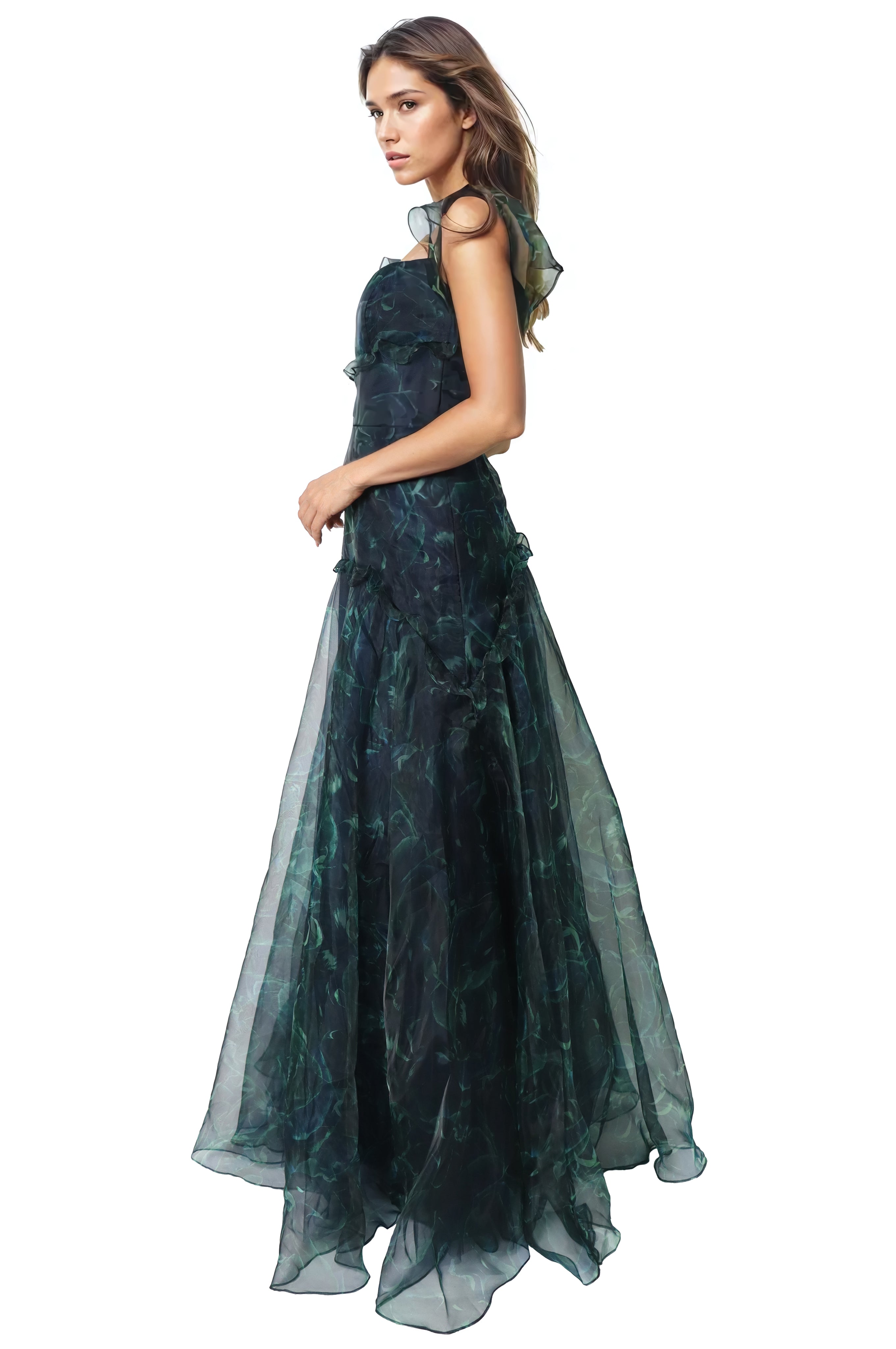 Flutter Sleeves Organza A-Line Gown Gown Rene Ruiz Collection