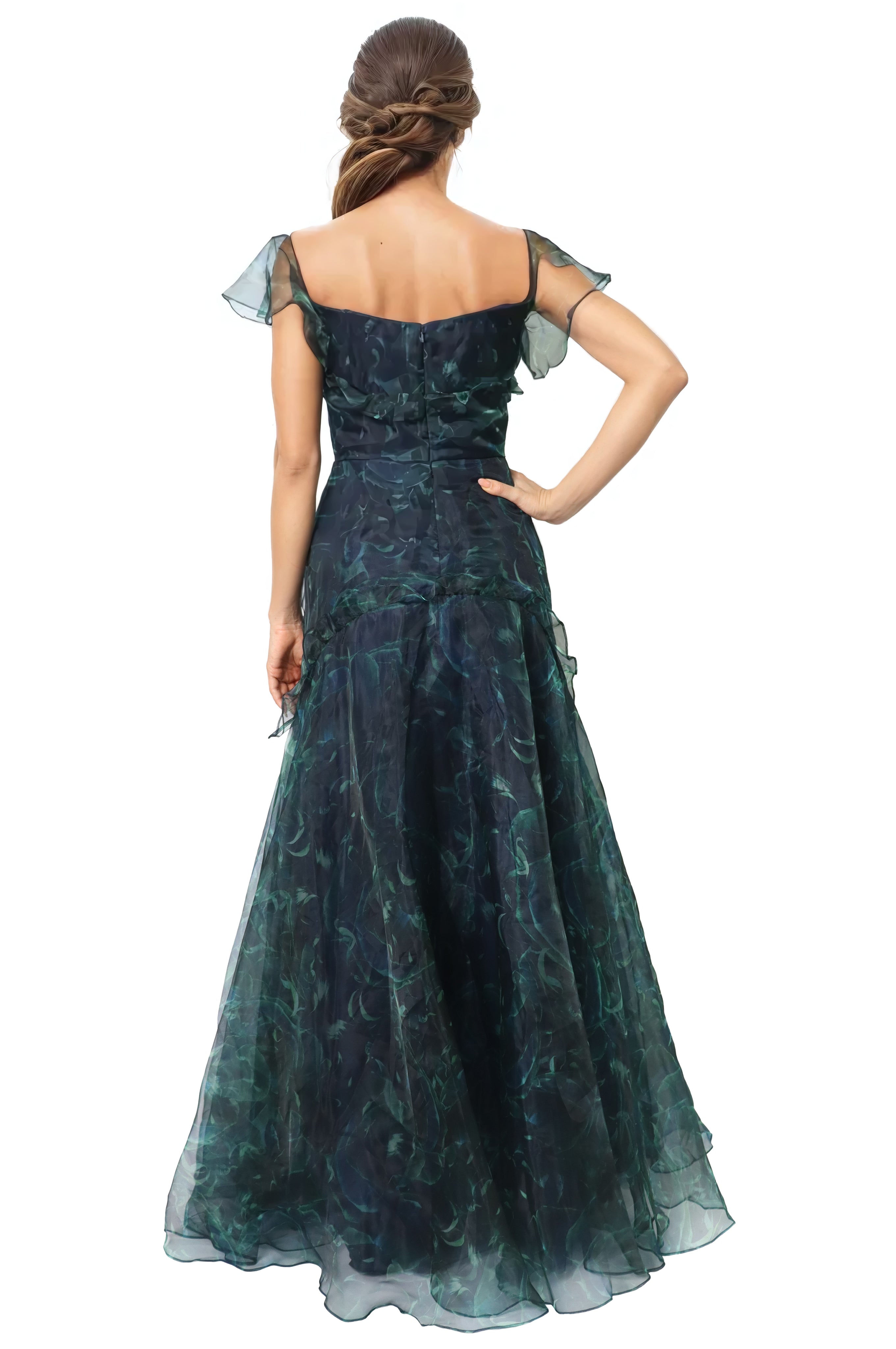 Flutter Sleeves Organza A-Line Gown Gown Rene Ruiz Collection