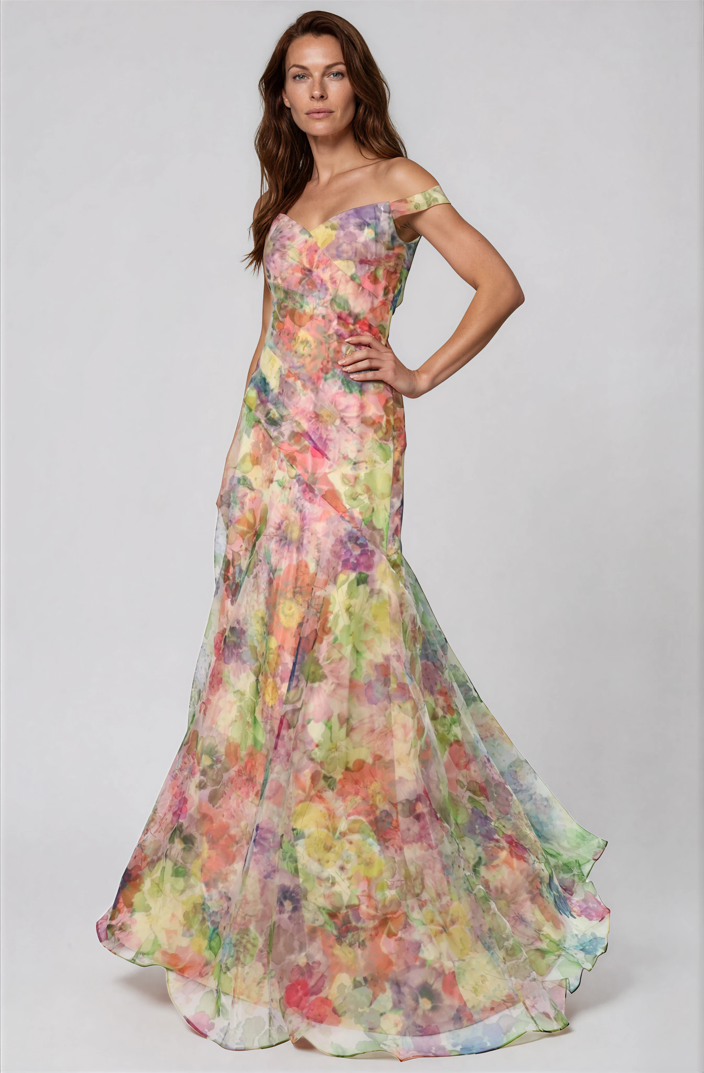 Off The Shoulder Floral Organza A-Line Gown Gown Rene Ruiz Collection