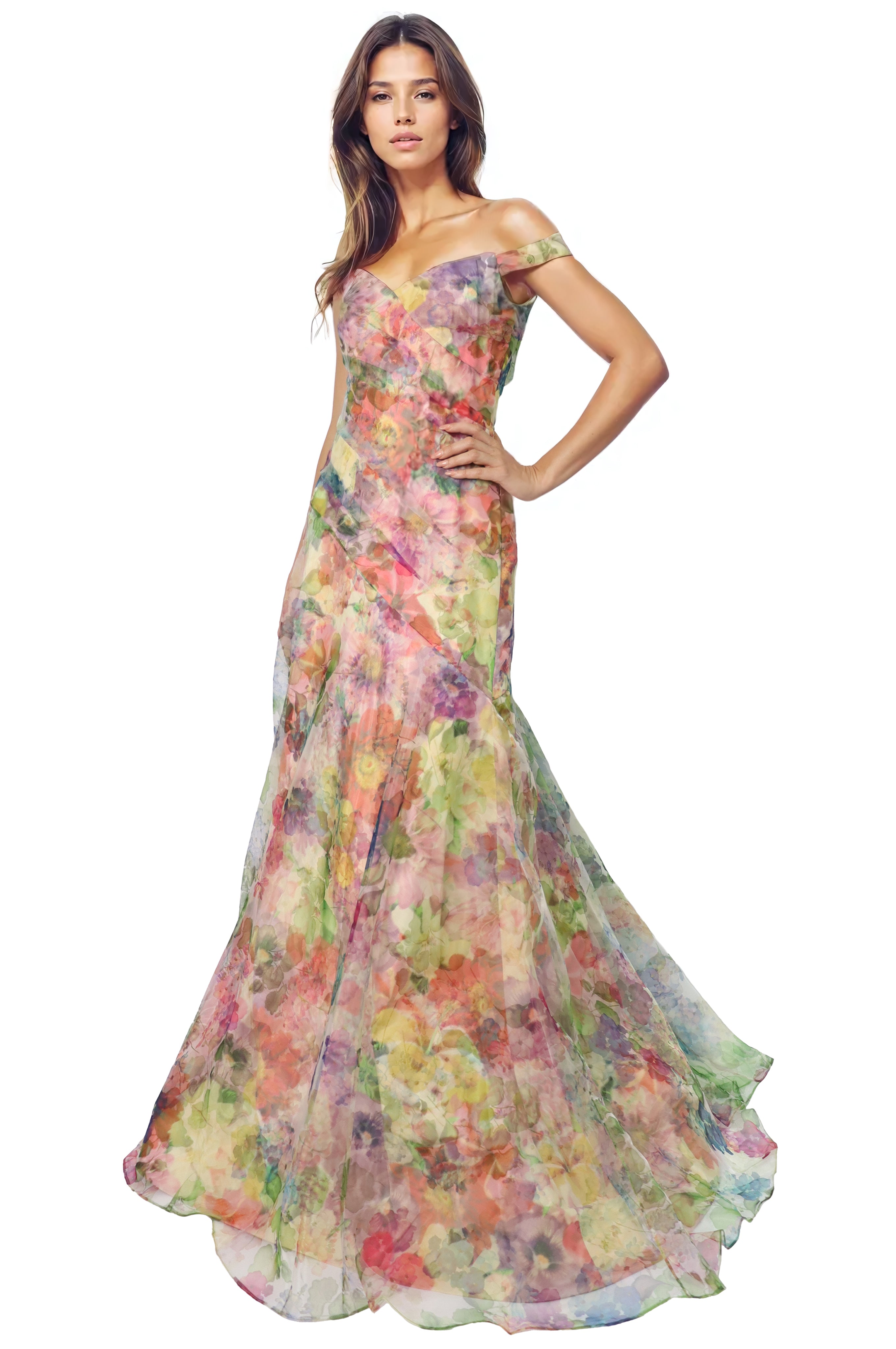 Off The Shoulder Floral Organza A-Line Gown Gown Rene Ruiz Collection