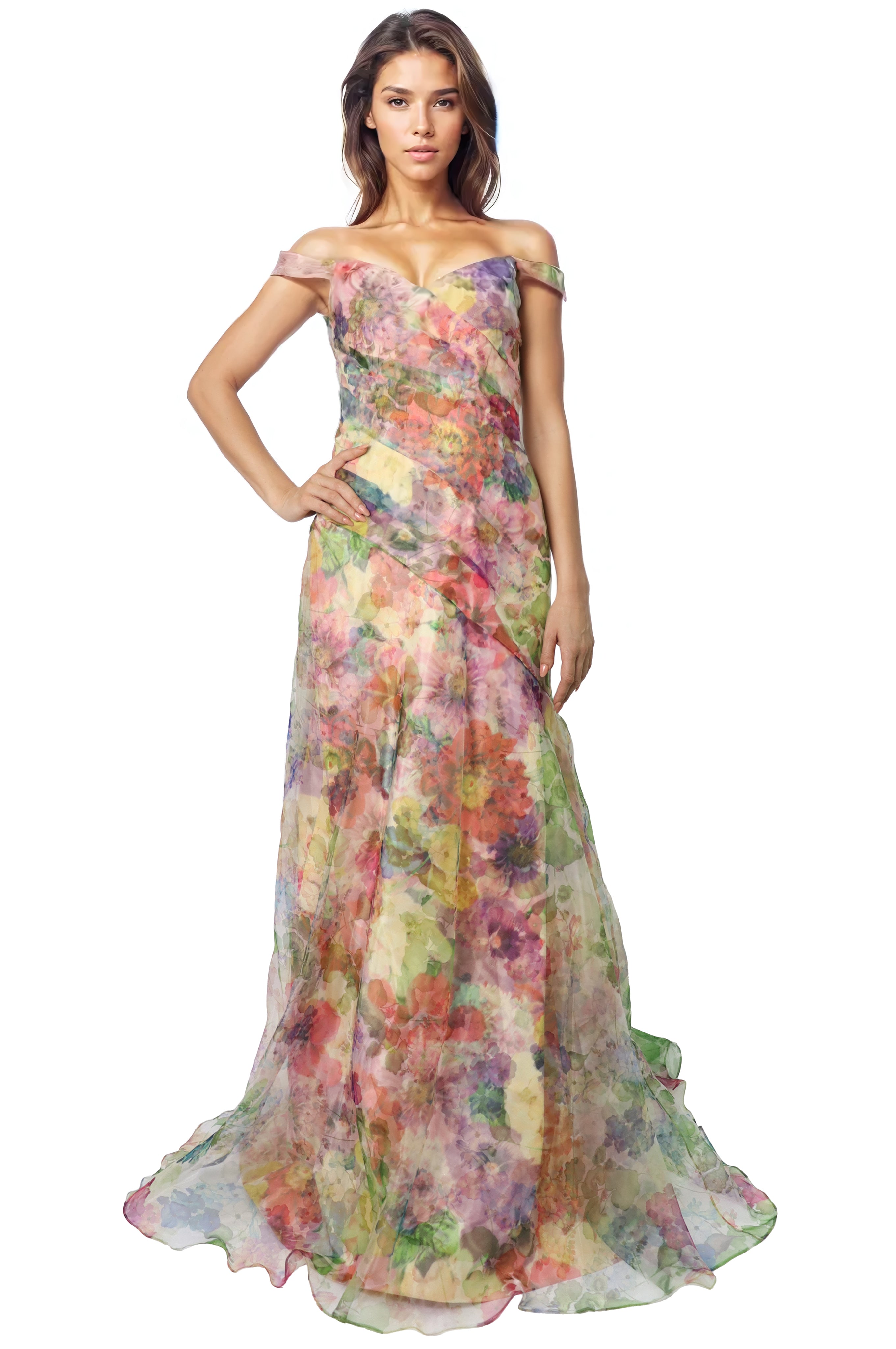 Off The Shoulder Floral Organza A-Line Gown Gown Rene Ruiz Collection
