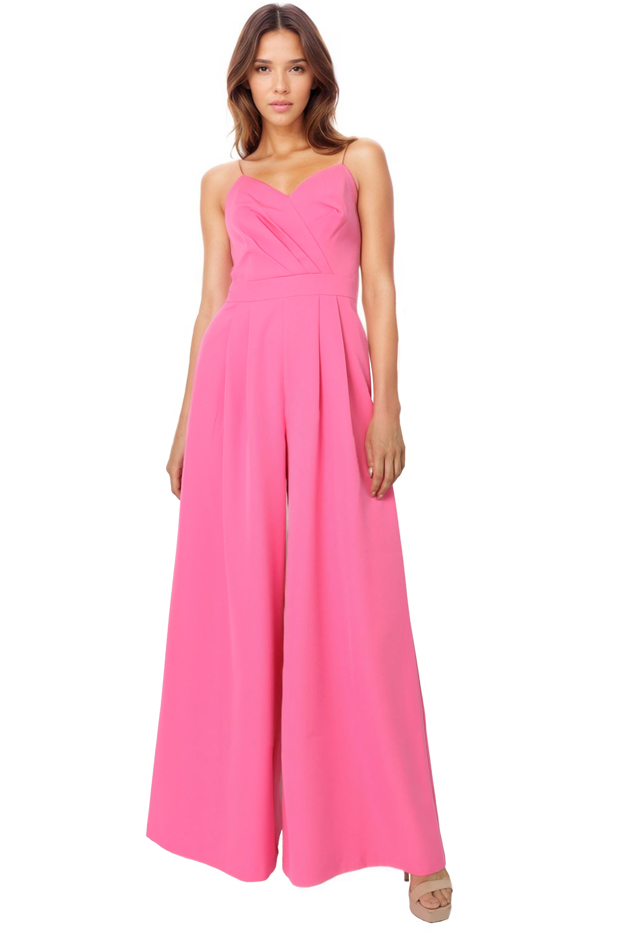 Spaghetti Strap V Neck Crepe Jumpsuit Jumpsuit Rene Ruiz Collection 0 Pink