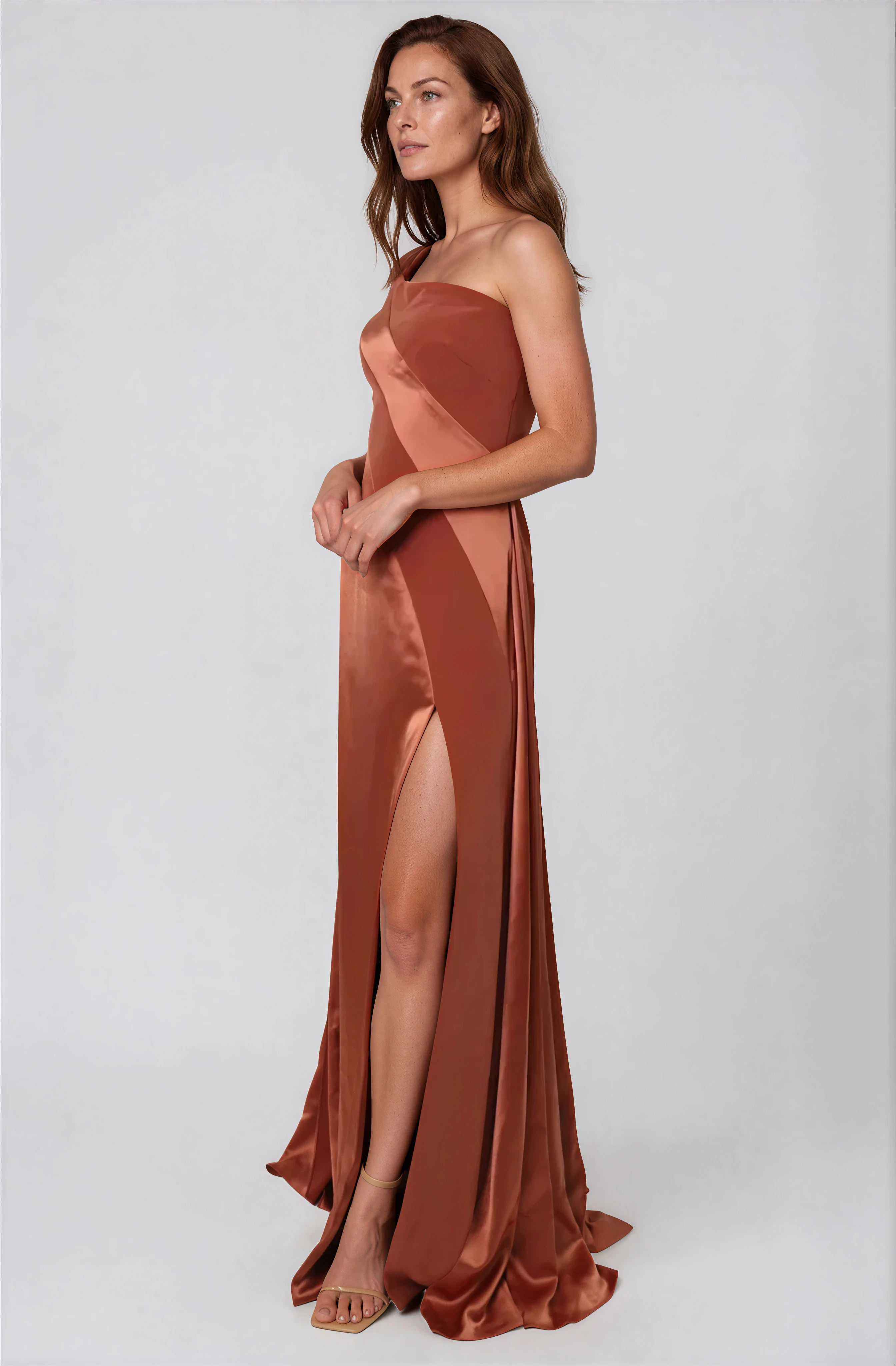 One Shoulder Satin Crepe Fit And Flare Gown Gown Rene Ruiz Collection