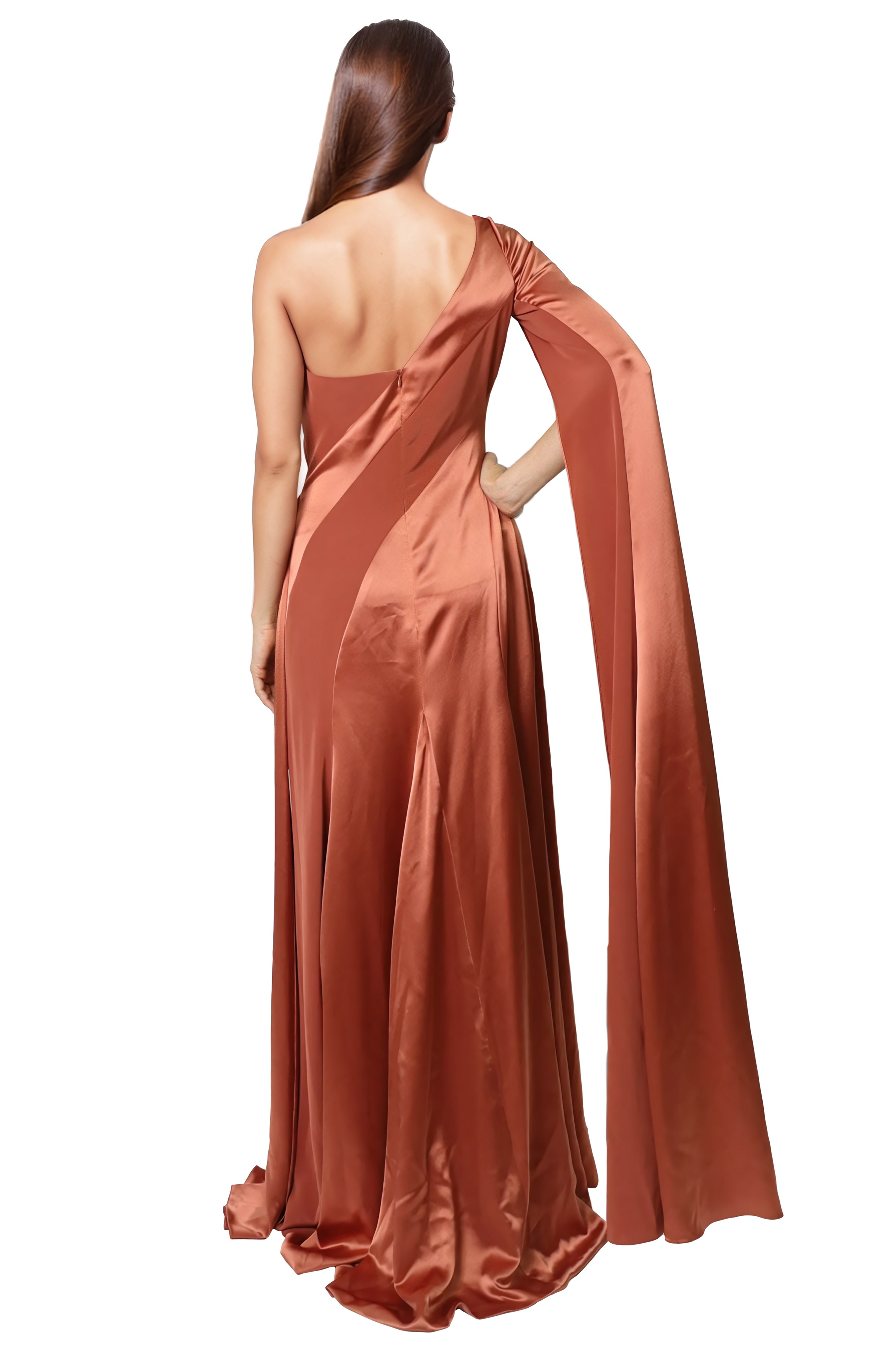 One Shoulder Satin Crepe Fit And Flare Gown Gown Rene Ruiz Collection