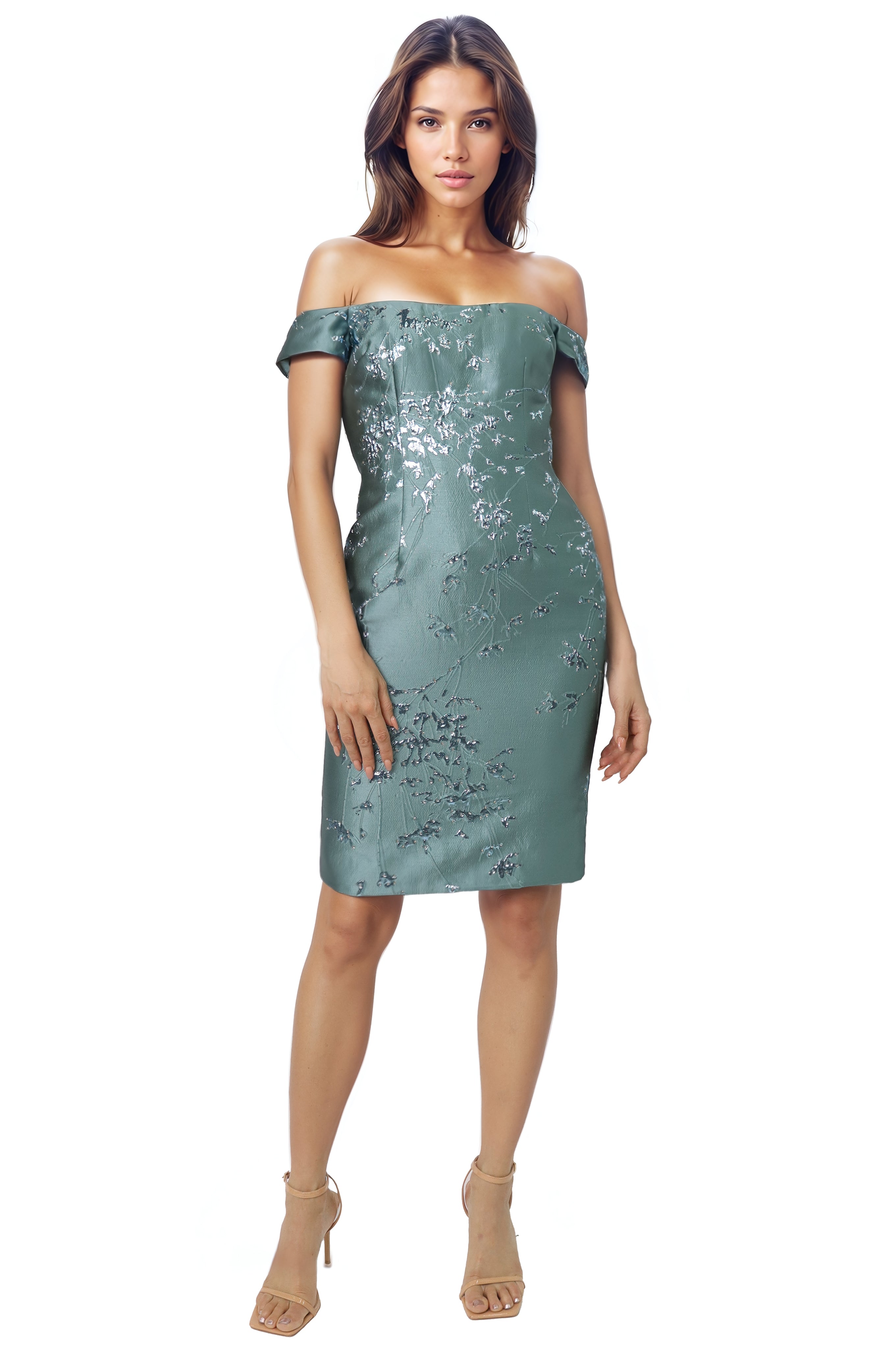 Off The Shoulder Floral Brocade Sheath Cocktail