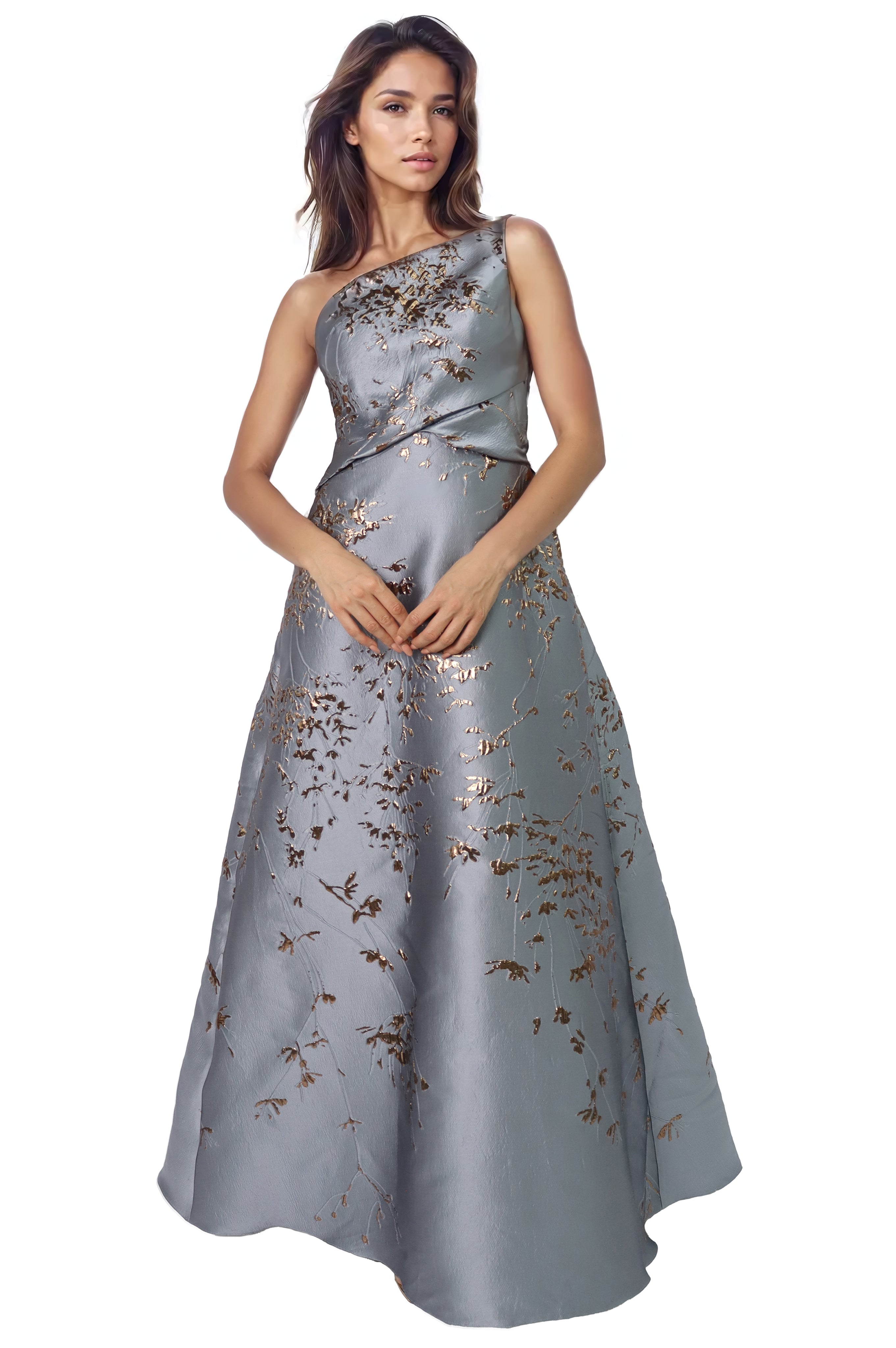 One Shoulder Brocade Metallic Floral A-Line Gown Gown Rene Ruiz Collection