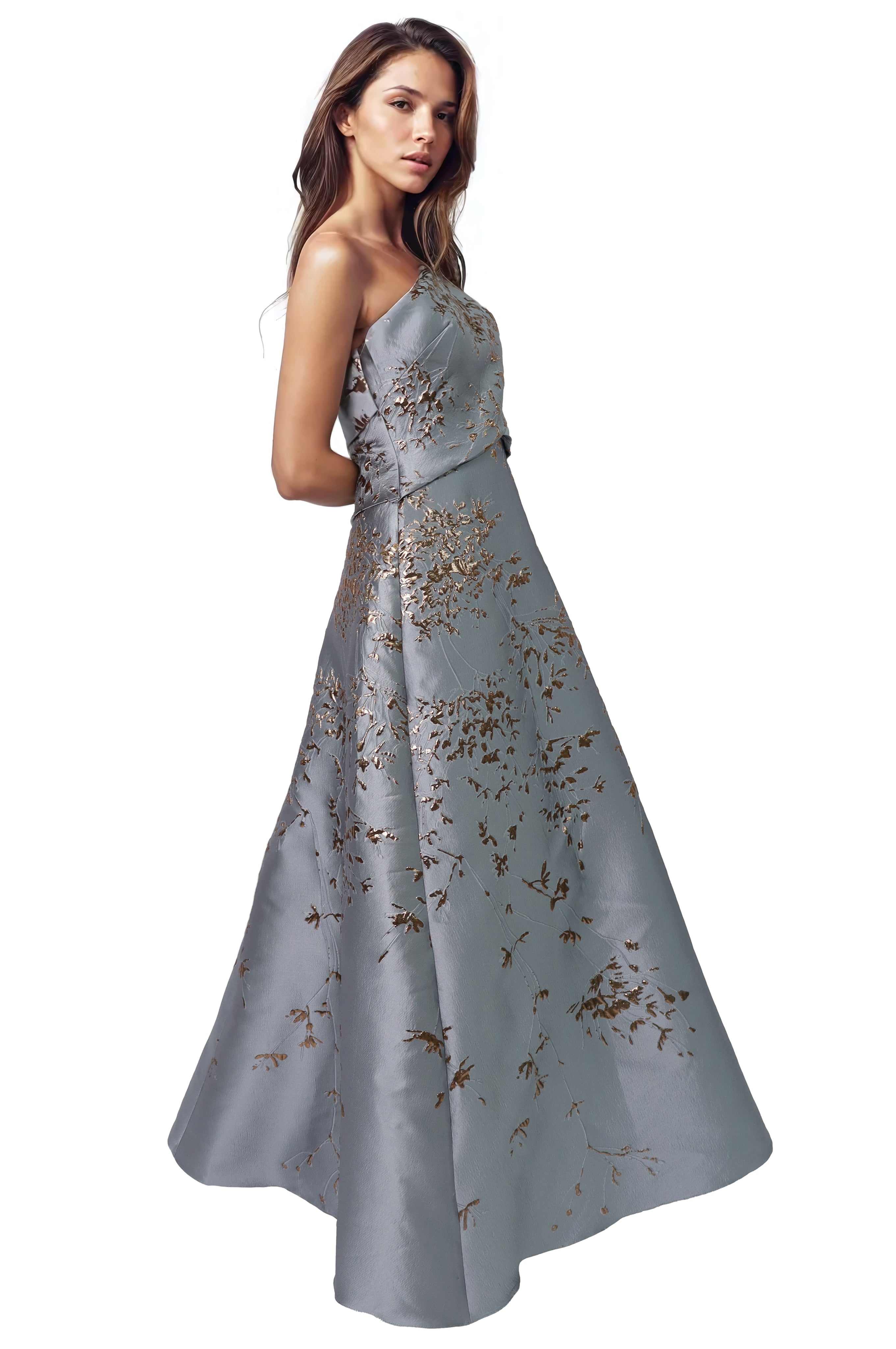 One Shoulder Brocade Metallic Floral A-Line Gown Gown Rene Ruiz Collection
