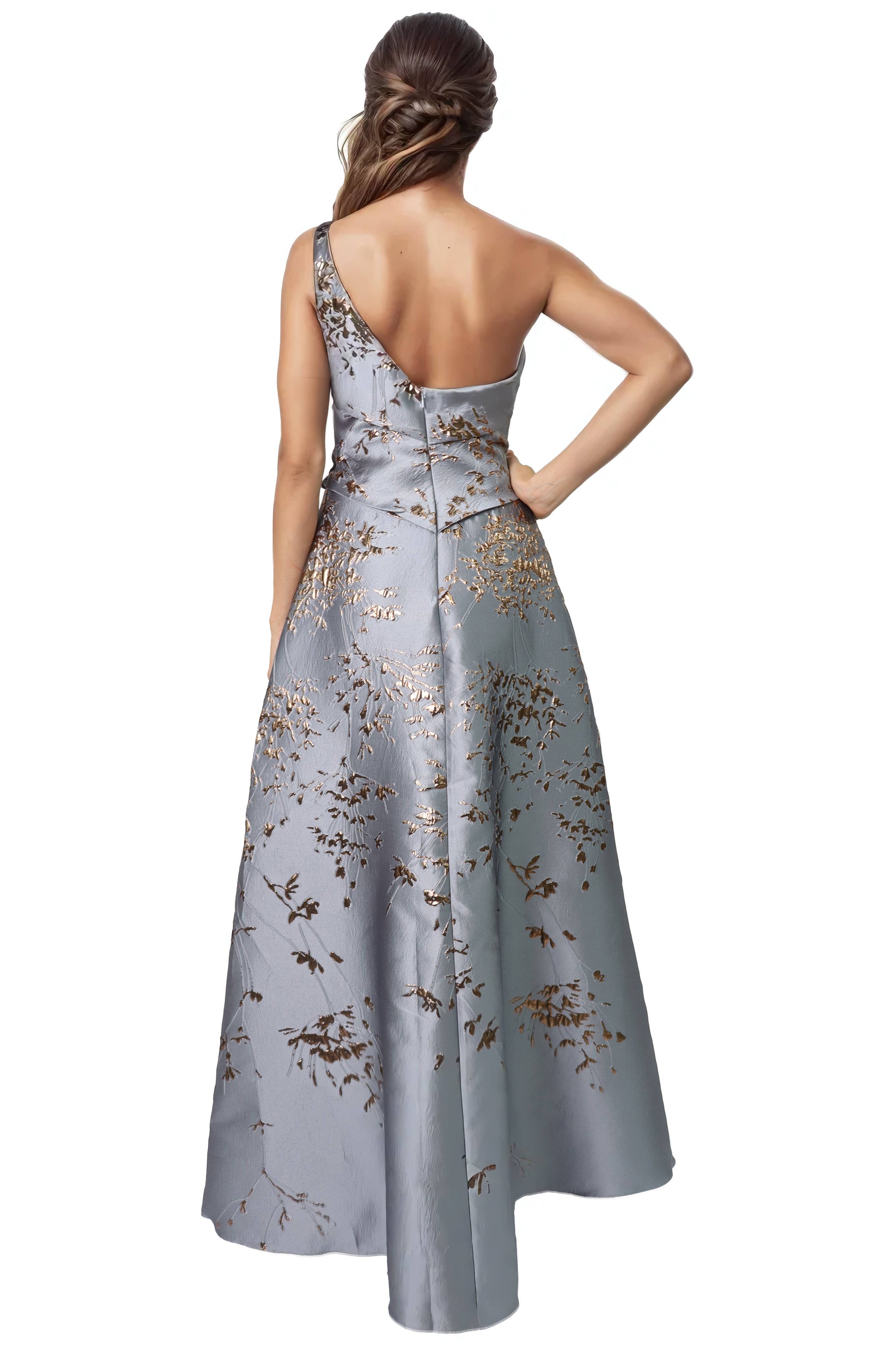 One Shoulder Brocade Metallic Floral A-Line Gown Gown Rene Ruiz Collection