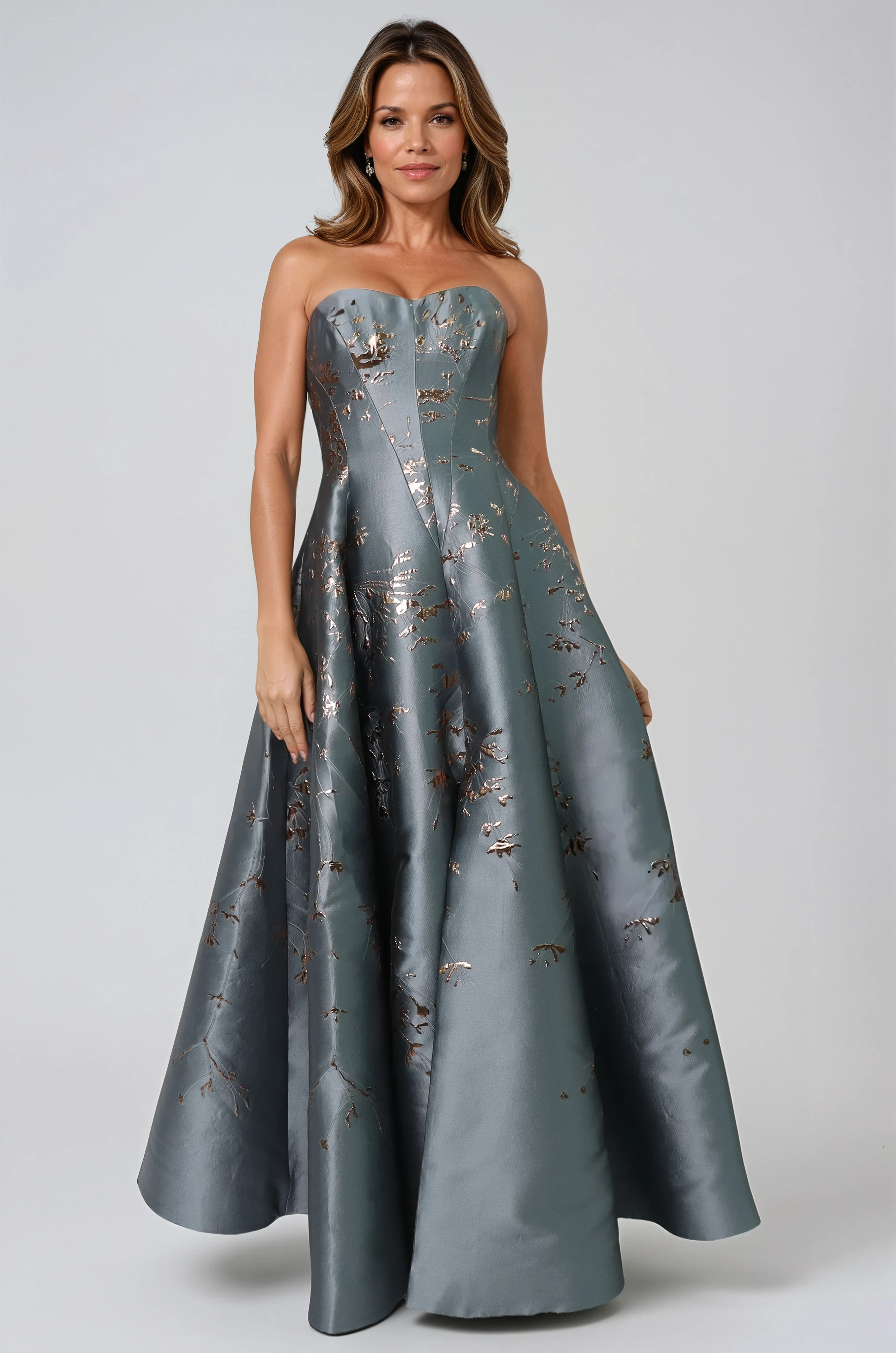 Floral Sweetheart A-Line Brocade Gown With Slit Gown Rene Ruiz Collection