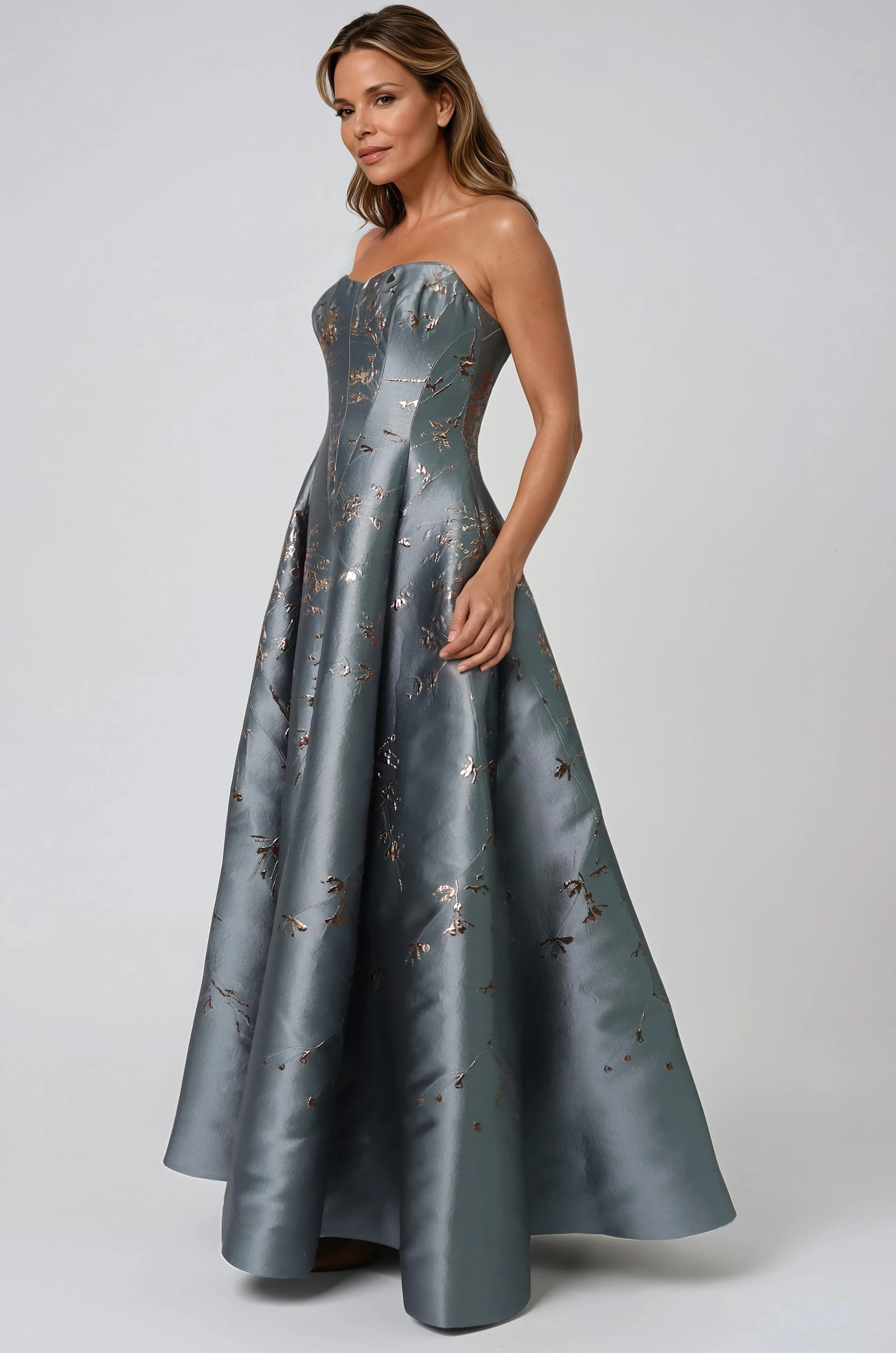 Floral Sweetheart A-Line Brocade Gown With Slit Gown Rene Ruiz Collection