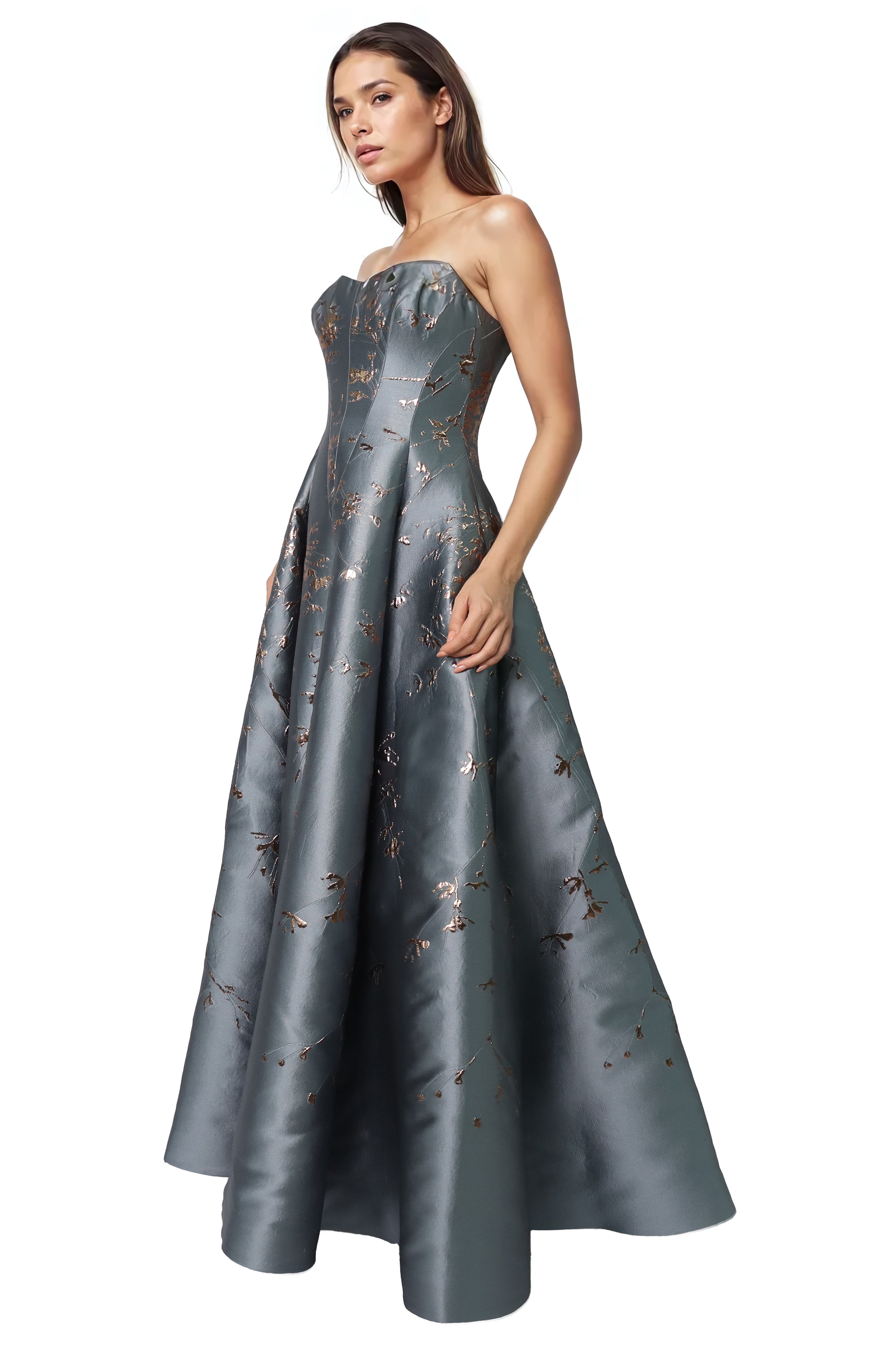 Floral Sweetheart A-Line Brocade Gown With Slit Gown Rene Ruiz Collection