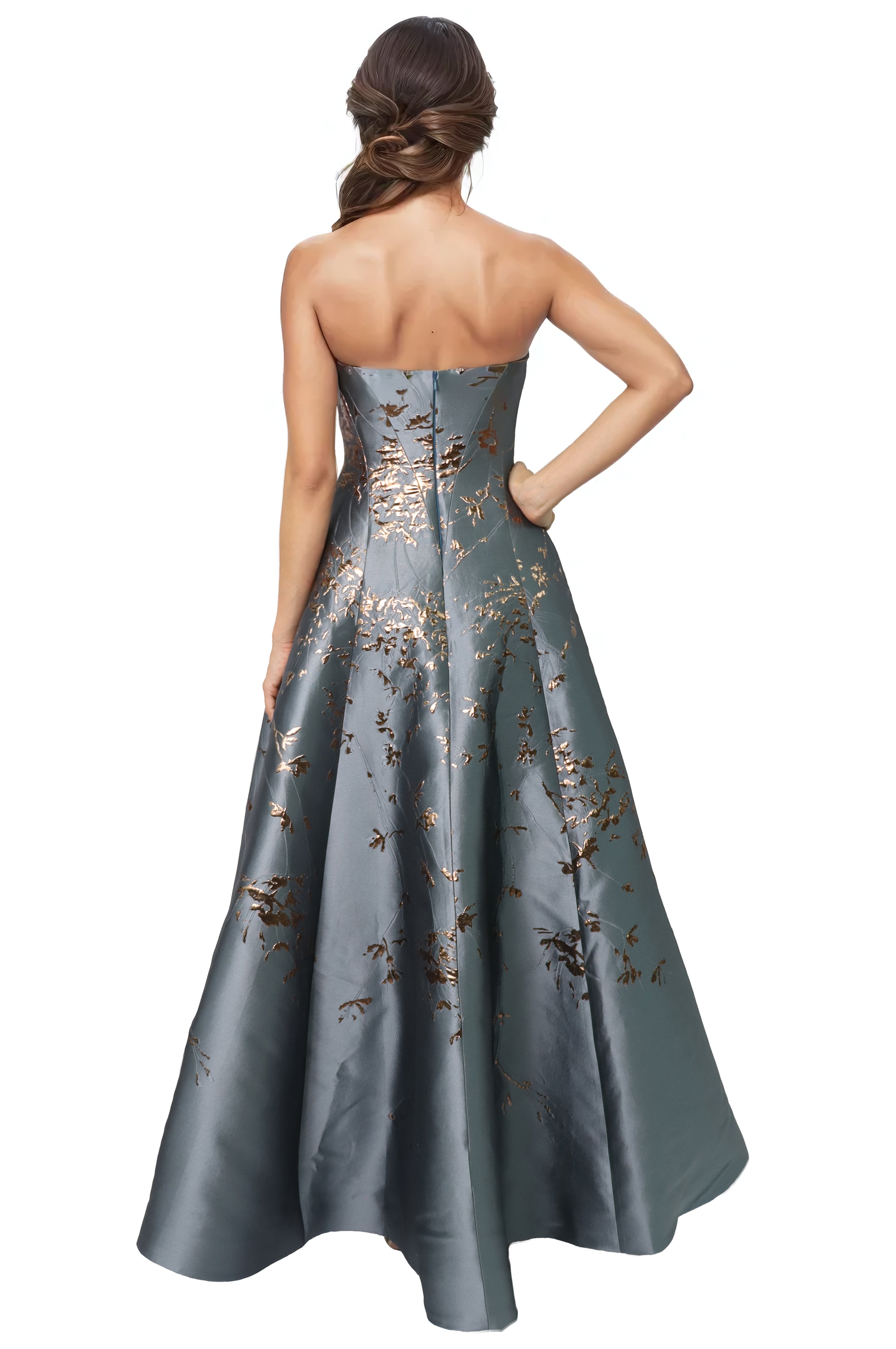 Floral Sweetheart A-Line Brocade Gown With Slit Gown Rene Ruiz Collection