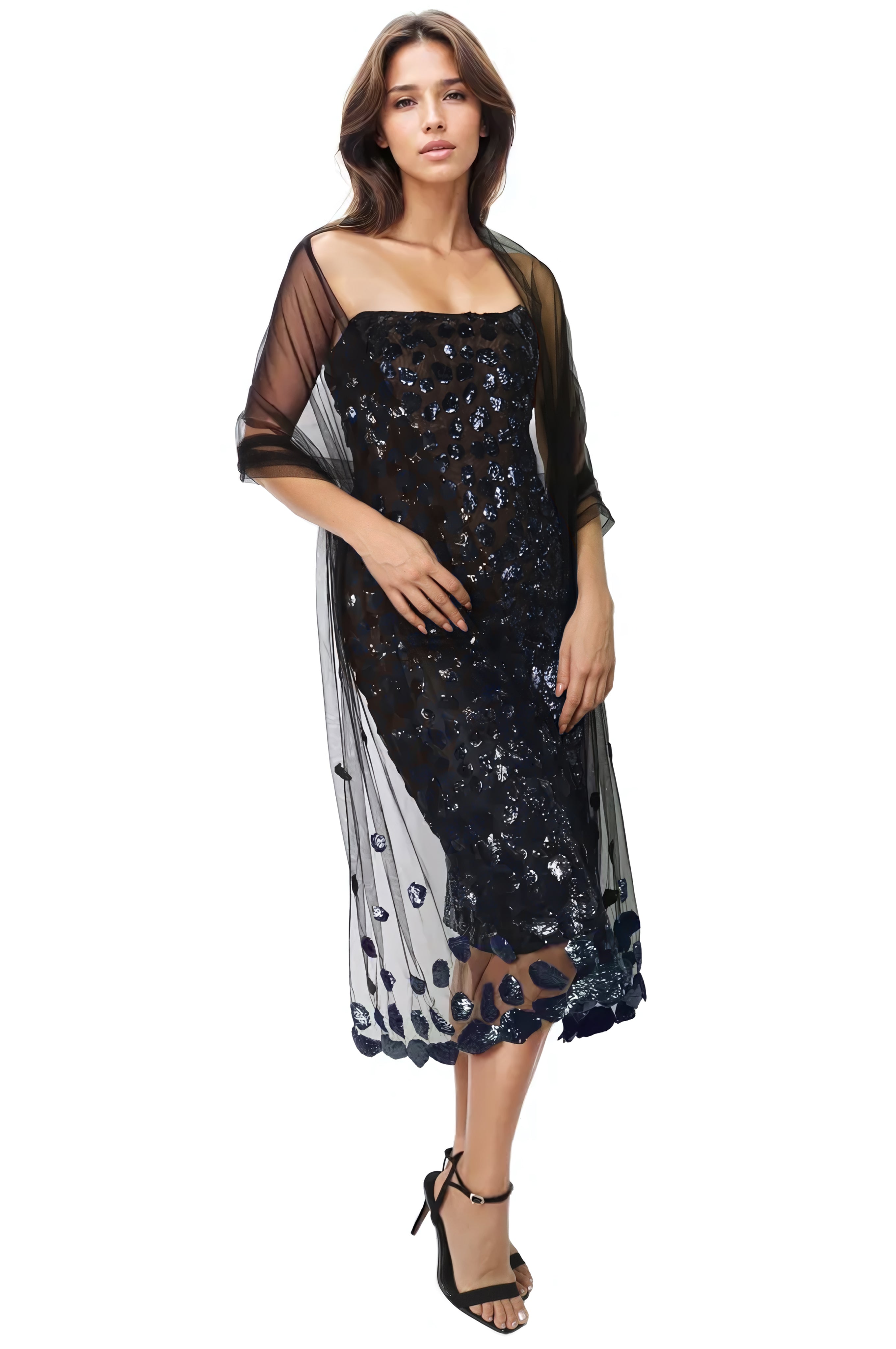 Embroidered Tulle Shawl Accessory Rene Ruiz Collection Navy
