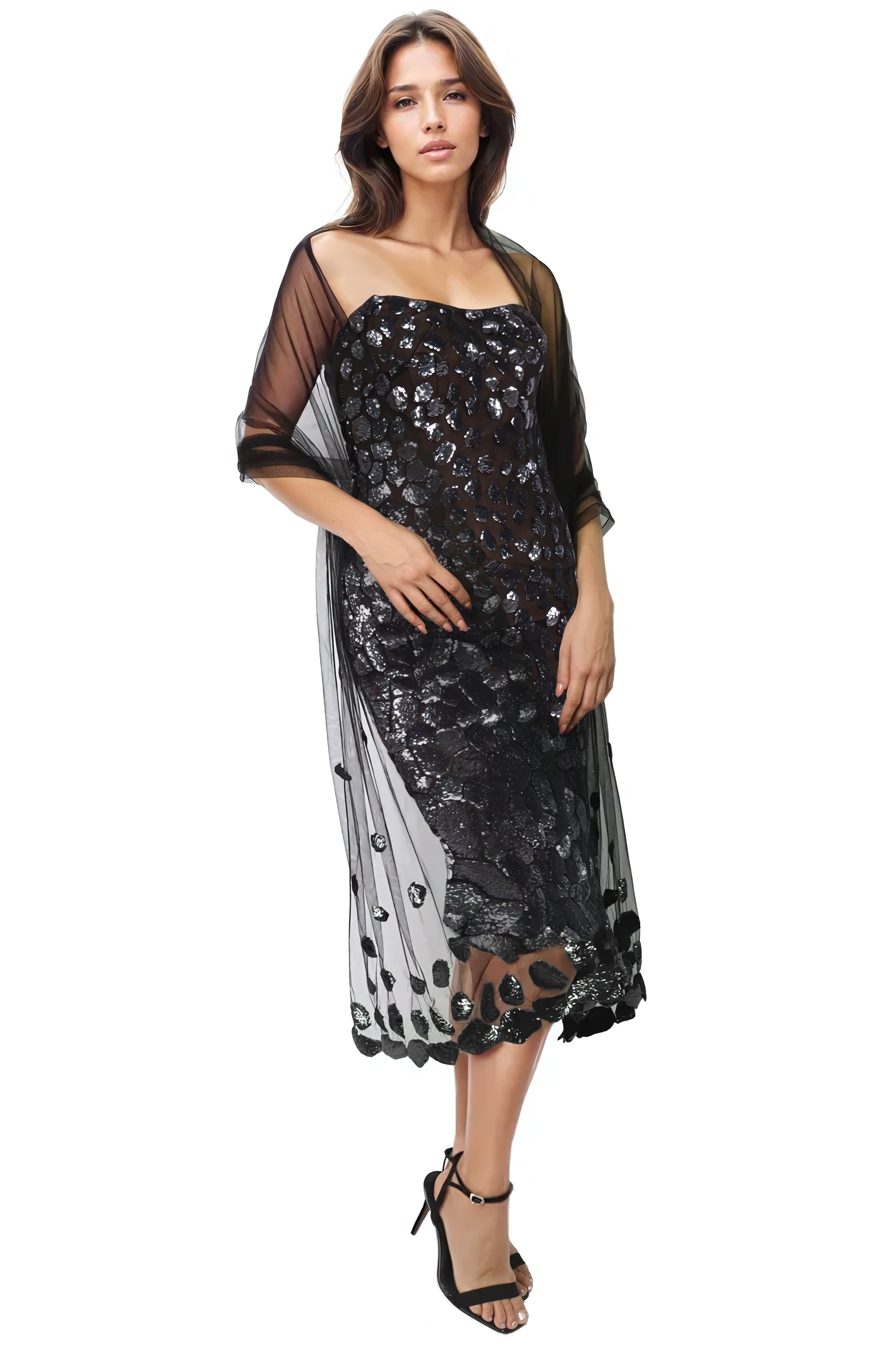 Embroidered Tulle Shawl Accessory Rene Ruiz Collection Silver