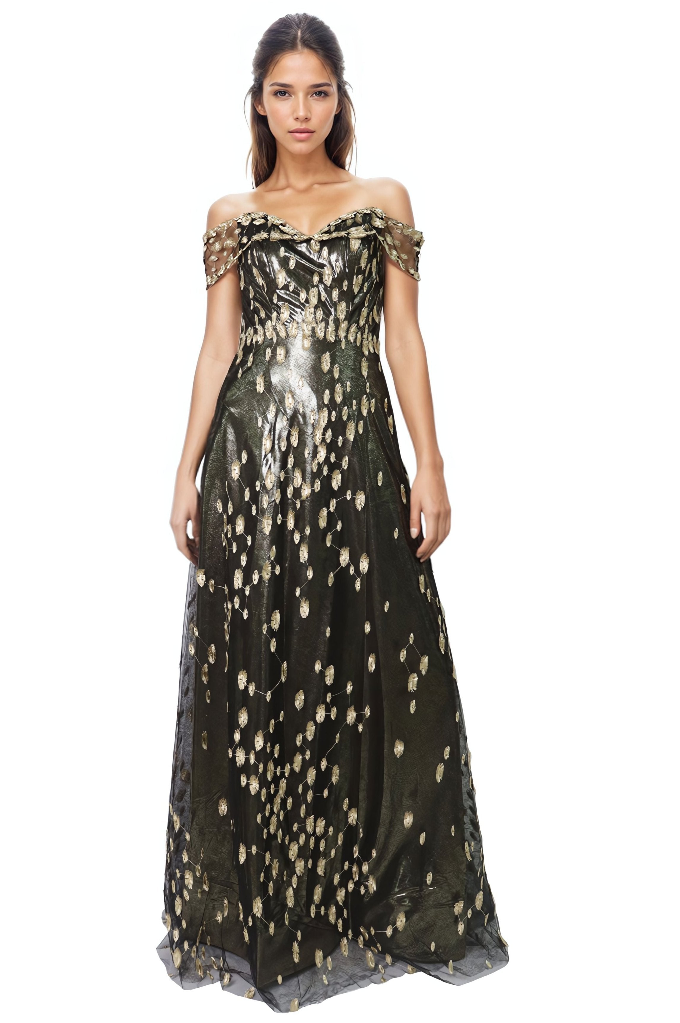 Off The Shoulder Embroidered A-Line Gown Gown Rene Ruiz Collection