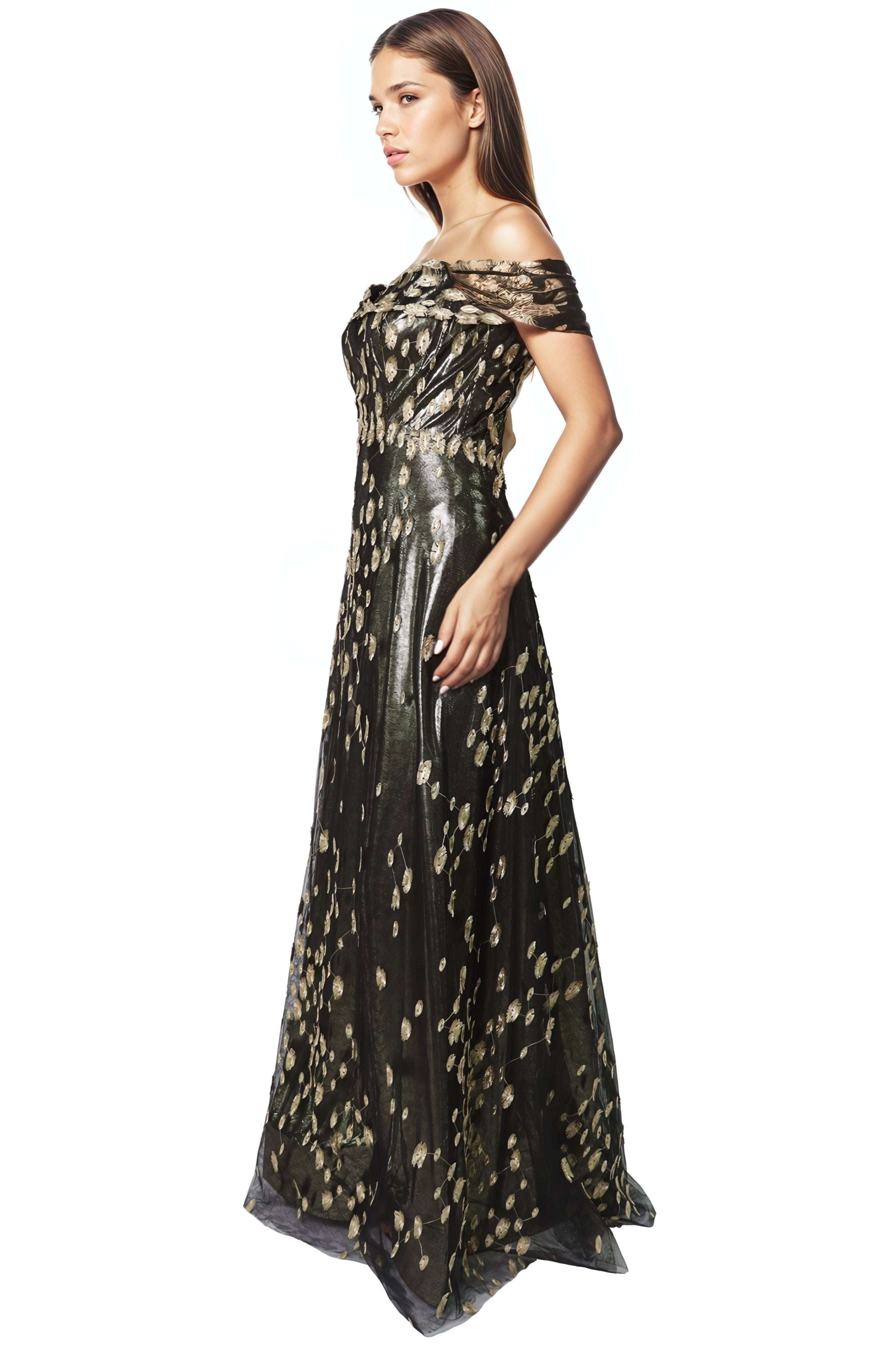 Off The Shoulder Embroidered A-Line Gown Gown Rene Ruiz Collection