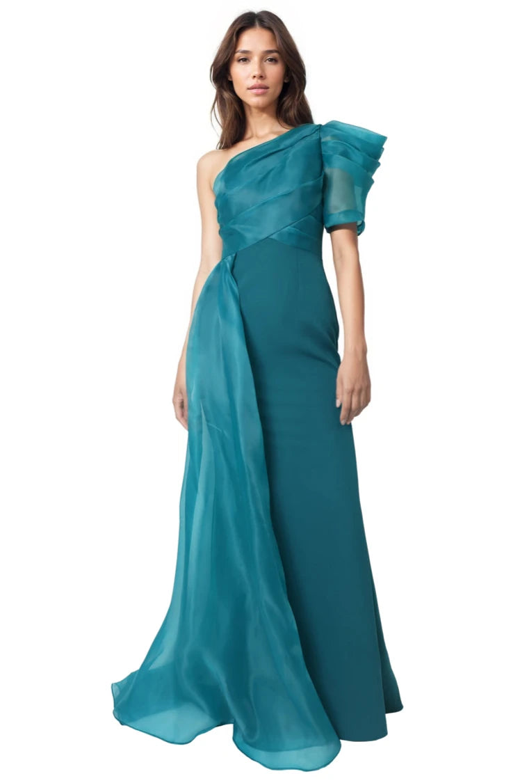 One Shoulder Draped Organza and Crepe Gown Gown Rene Ruiz Collection